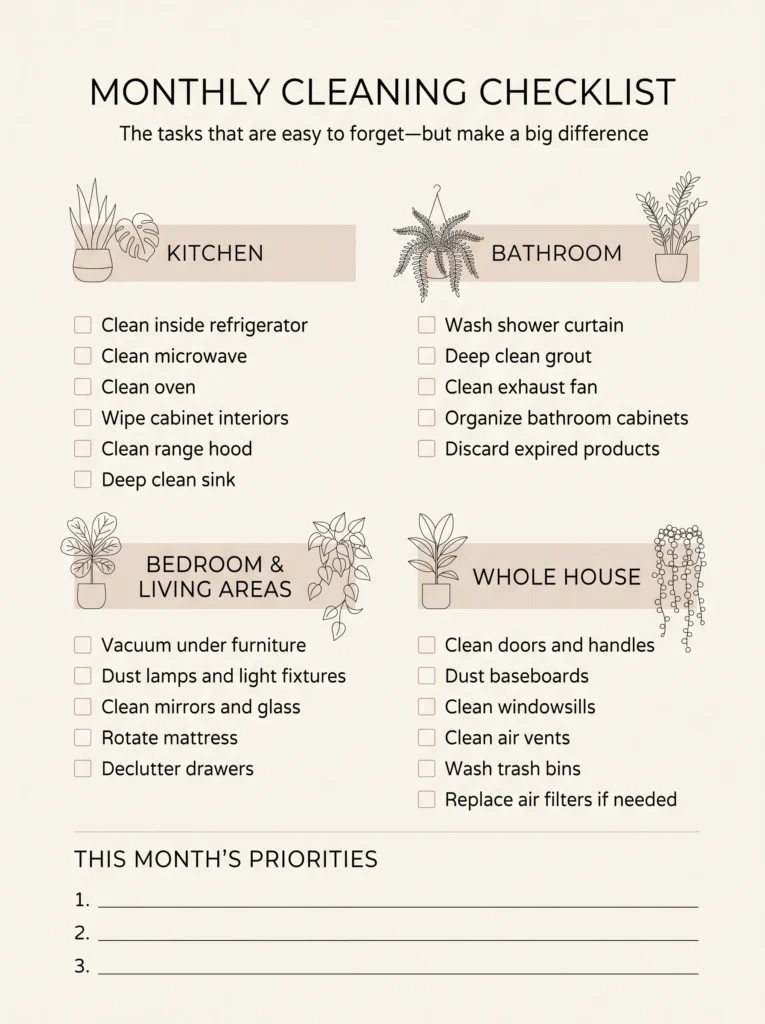 Monthly cleaning checklist covering kitchen, bathroom, bedroom, living areas, and whole house tasks
