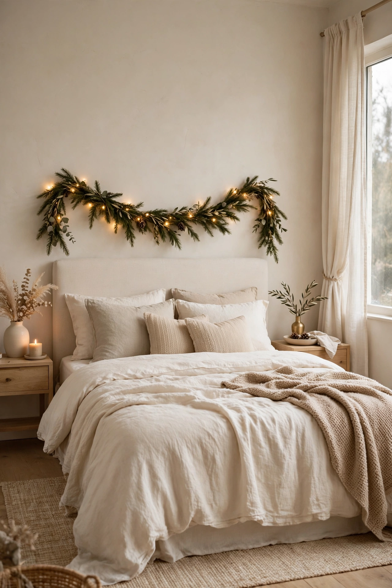 Calm neutral Christmas bedroom in cream, beige and soft gold with cream bedding and a simple evergreen garland with warm lights