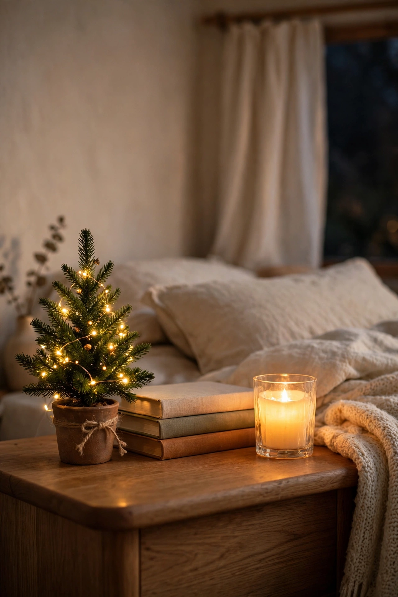 Bedroom nightstand styled for Christmas with a tiny potted Christmas tree with warm lights and a glowing flameless LED candle