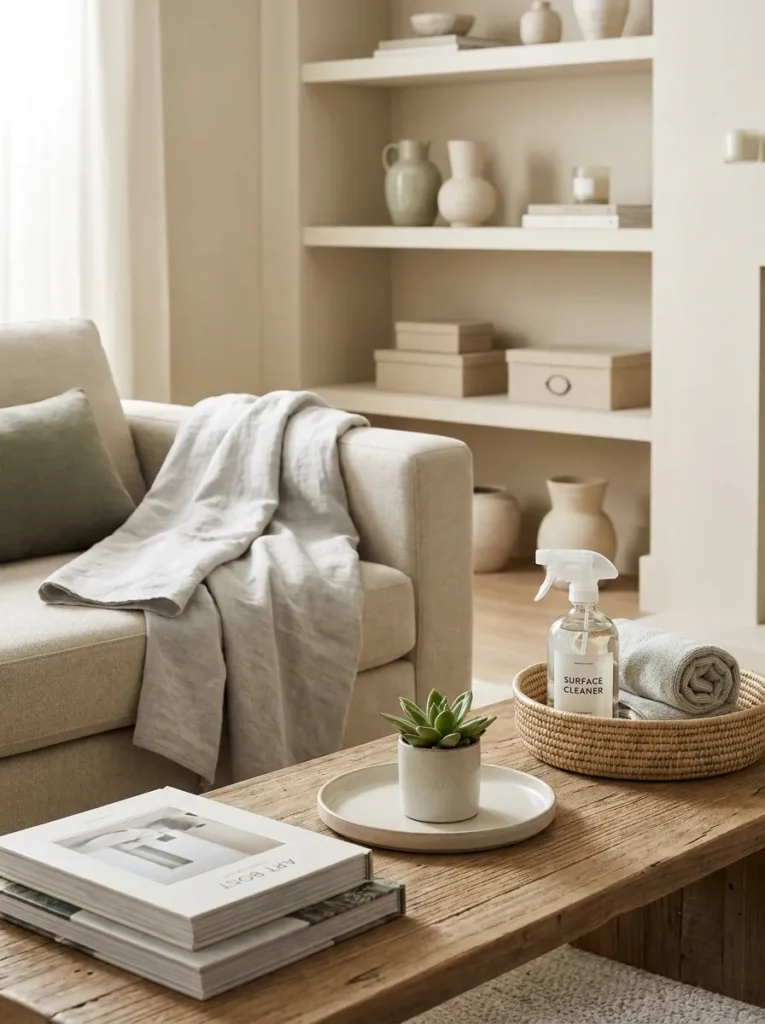 A neat, neutral-toned living room with a wooden coffee table, a bottle of surface cleaner, rolled towels, a small succulent, and books