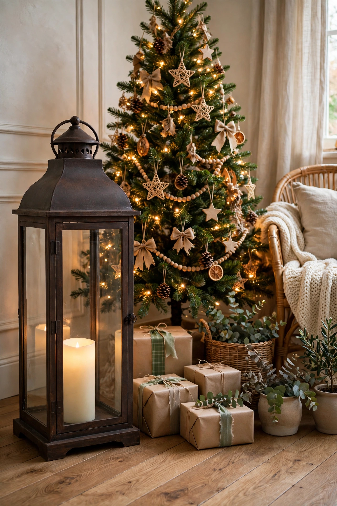 Oversized floor lantern with a glowing LED candle standing beside a decorated Christmas tree with warm lights