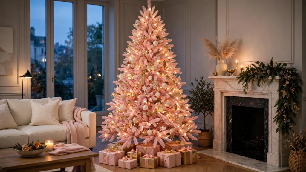 Blush pink Christmas tree with gold and white ornaments and pink wrapped gifts beside a fireplace in an elegant living room