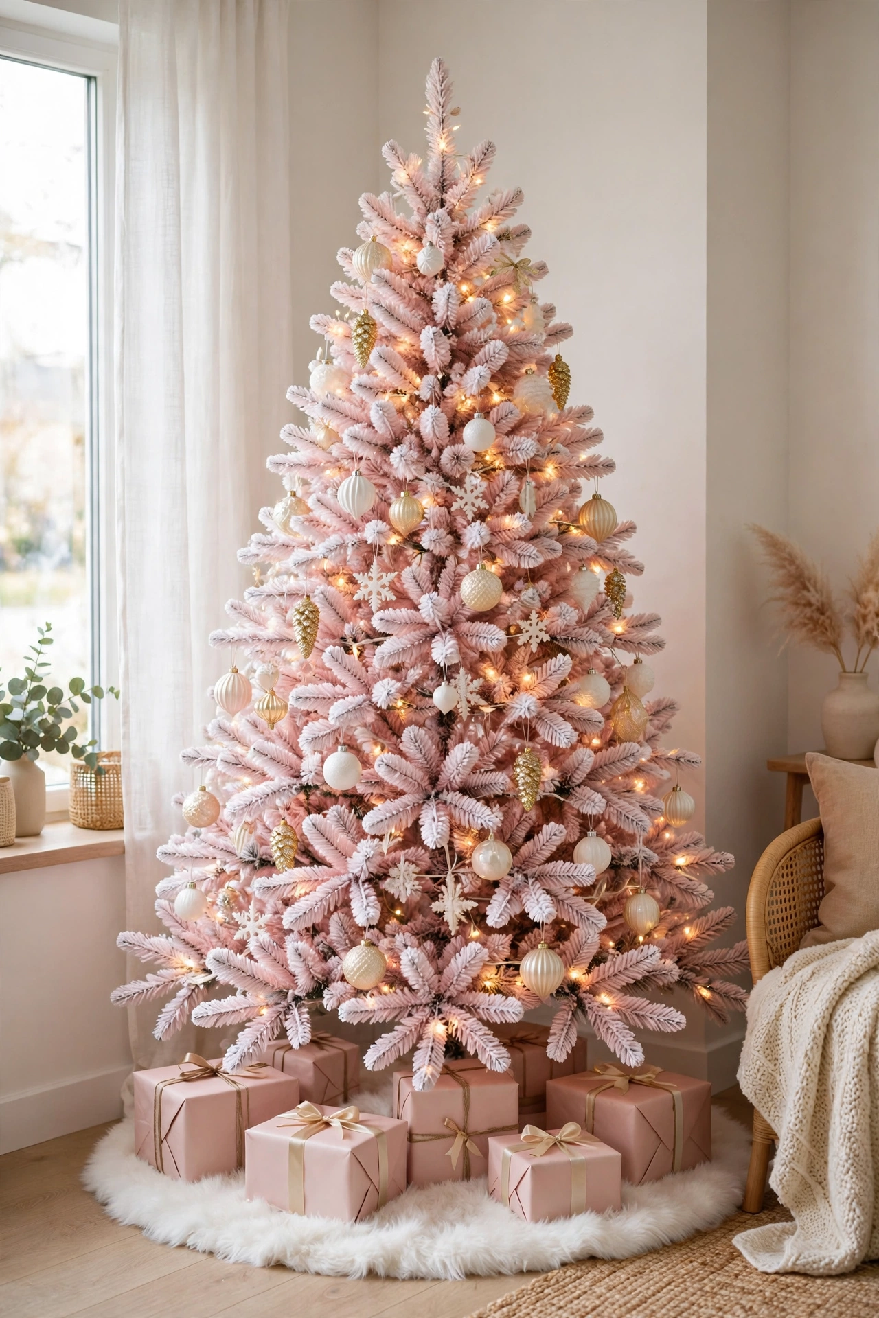 Blush pink flocked Christmas tree with white and gold ornaments in a bright living room