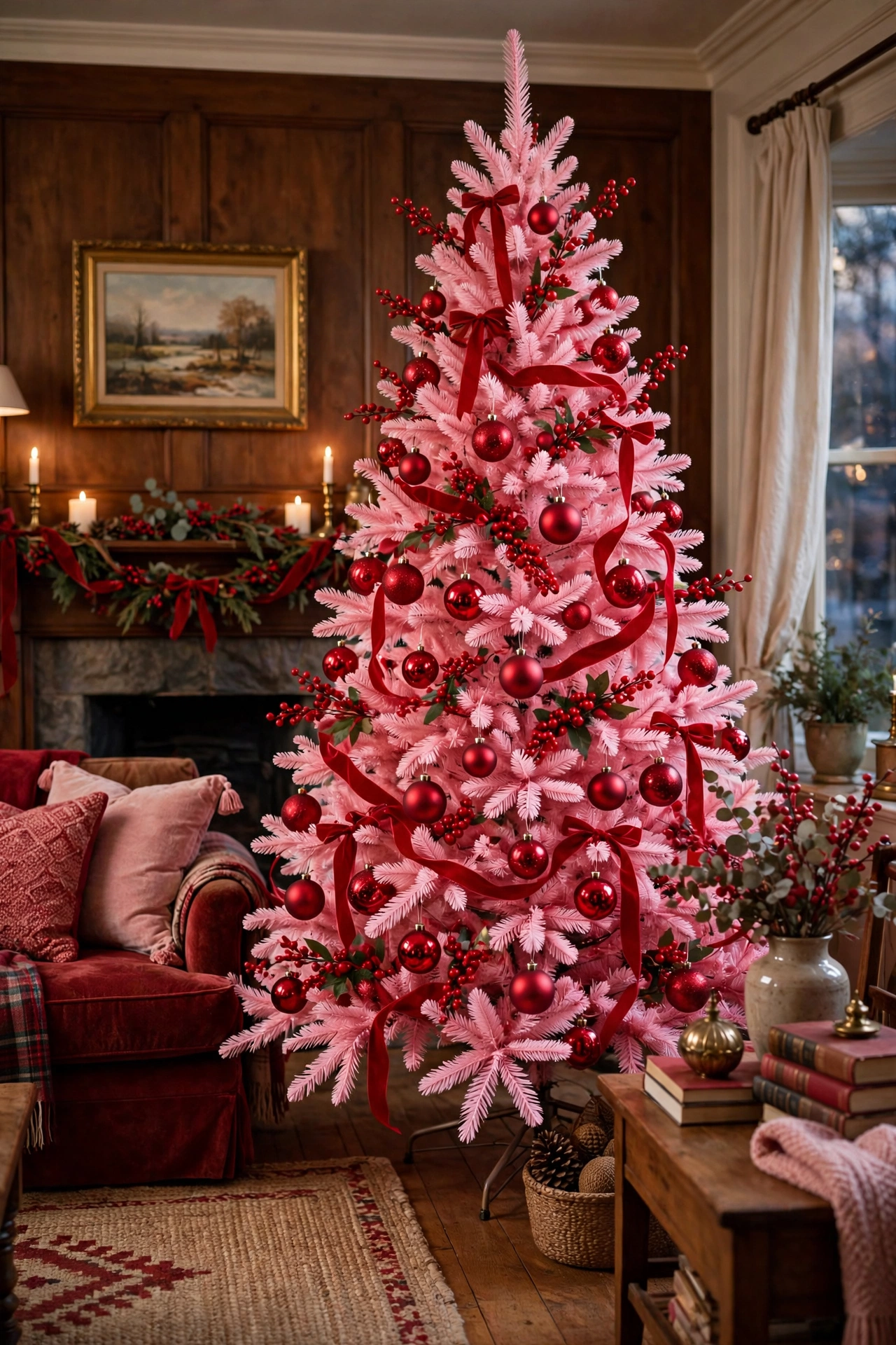 Pink Christmas tree decorated with red ornaments, red ribbon and berries