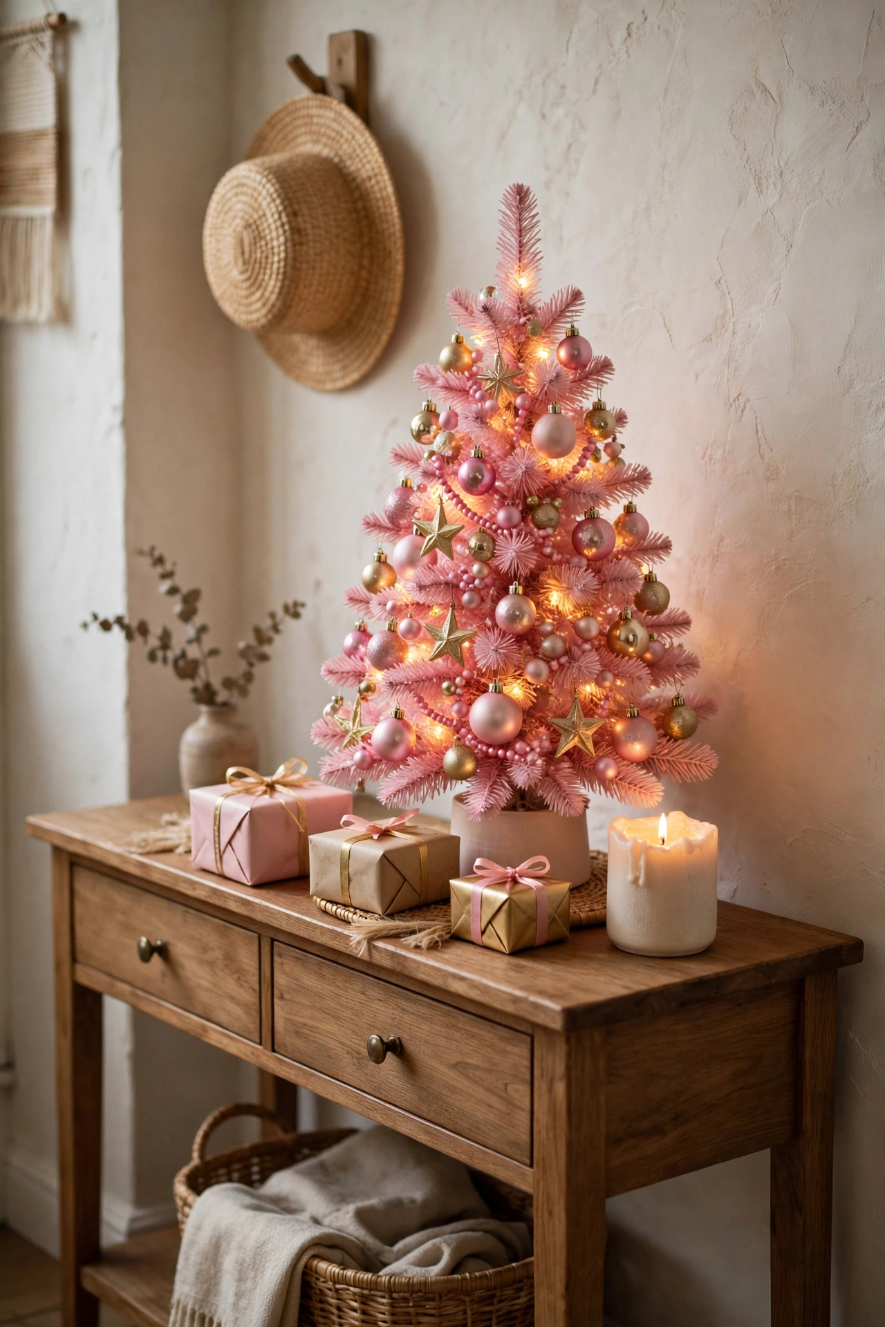 Small pink tabletop Christmas tree with mini ornaments on an entryway console table