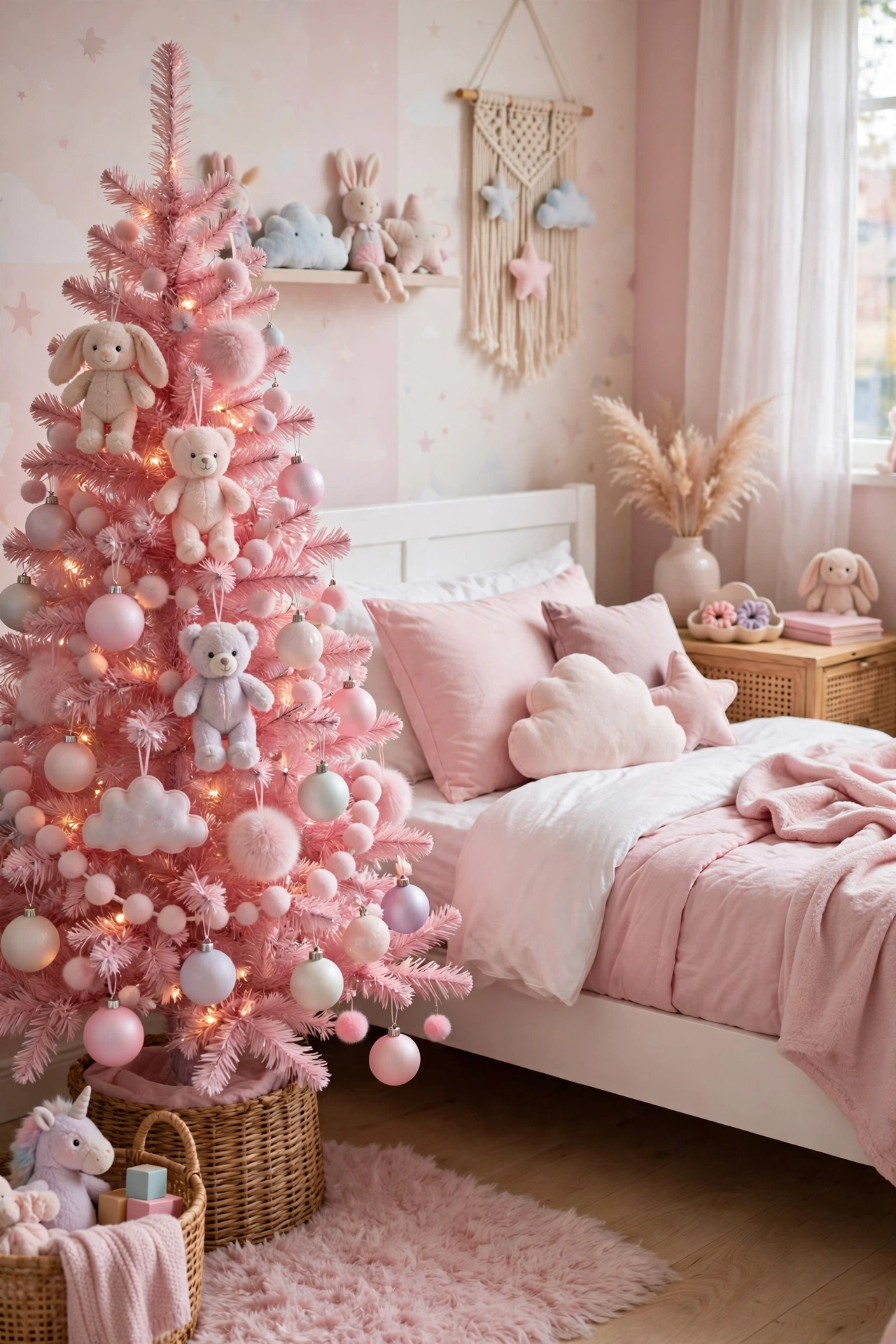 Pink Christmas tree with plush ornaments in a girl's bedroom
