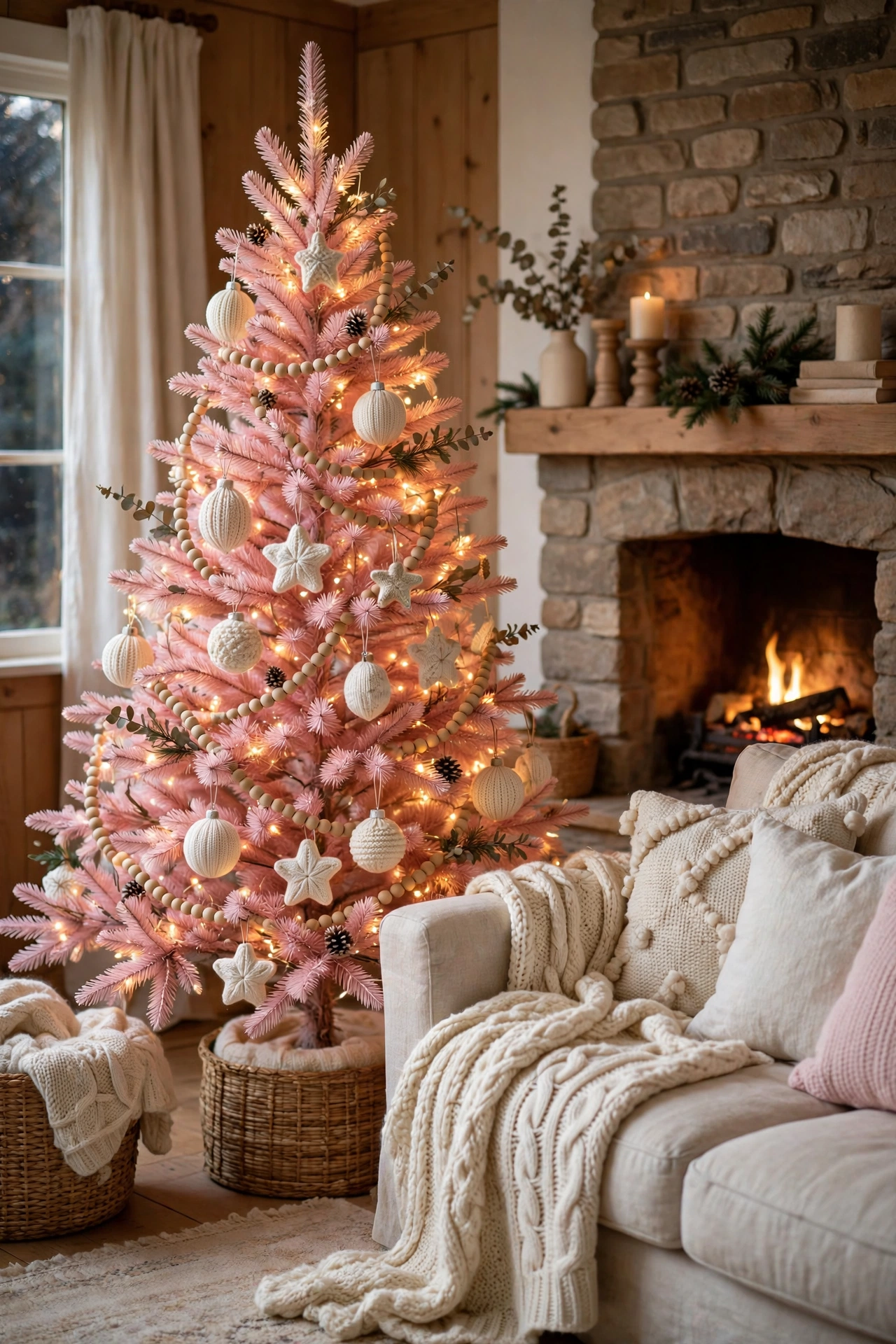 Soft pink Christmas tree with cream knit ornaments in a cozy cottage living room