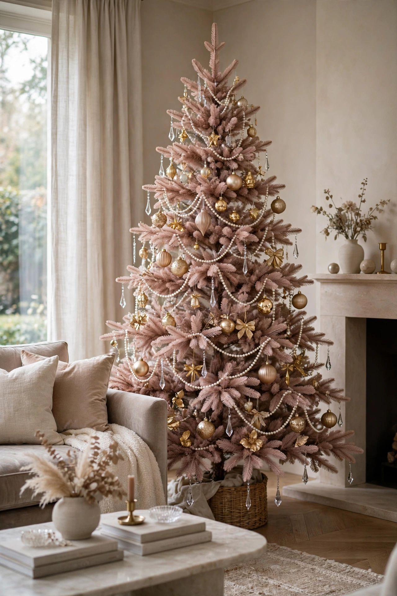 Champagne pink Christmas tree with pearl strands, crystal droplets and gold ornaments