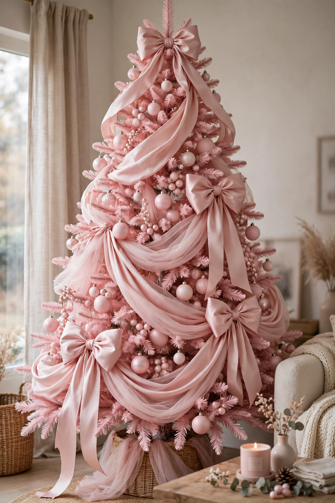 Blush pink Christmas tree with cascading satin ribbon, tulle and oversized pink bows