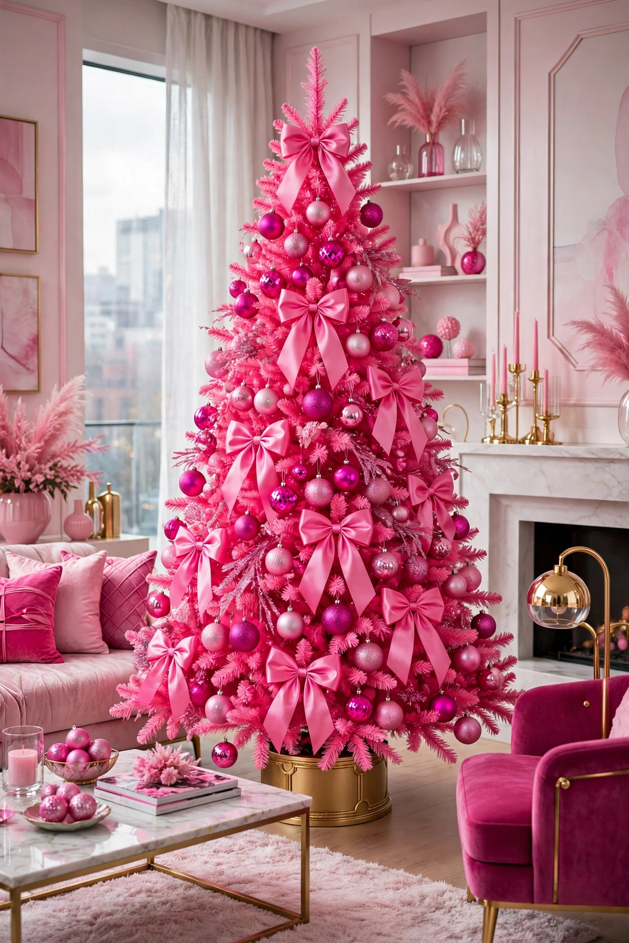 Hot pink Christmas tree with pink satin bows and magenta ornaments in a glamorous pink living room
