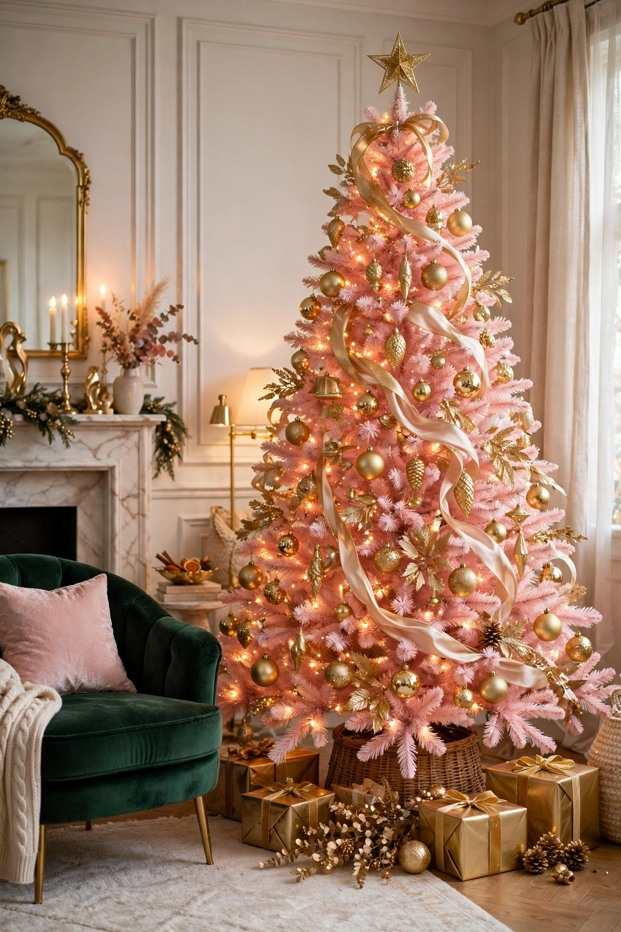 Blush pink Christmas tree decorated with gold ornaments, gold ribbon and a gold star topper