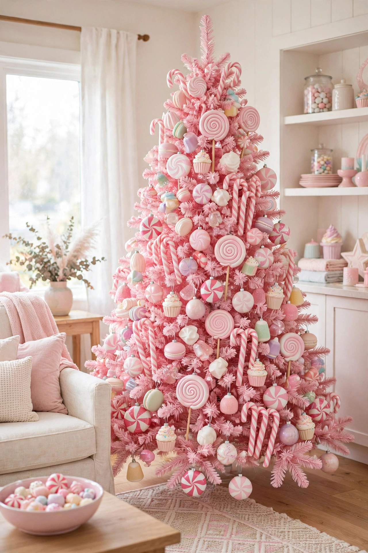 Pastel pink Christmas tree with candy ornaments, lollipops and peppermint baubles