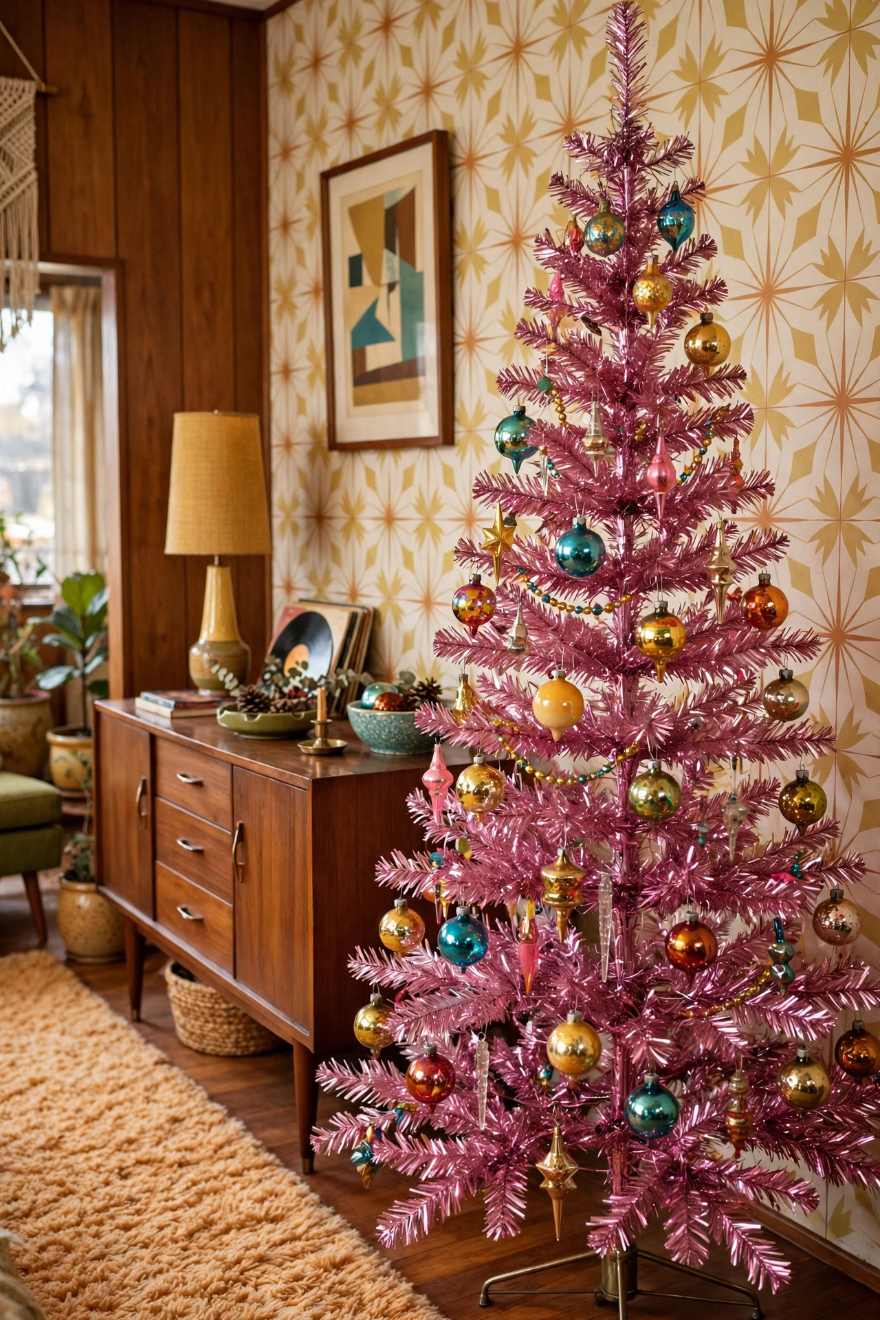 Vintage pink tinsel aluminum Christmas tree with retro glass ornaments in a mid-century living room