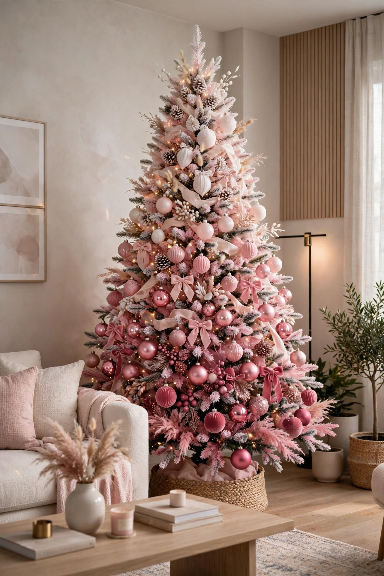 Pink ombre Christmas tree fading from white at the top to deep rose pink at the bottom