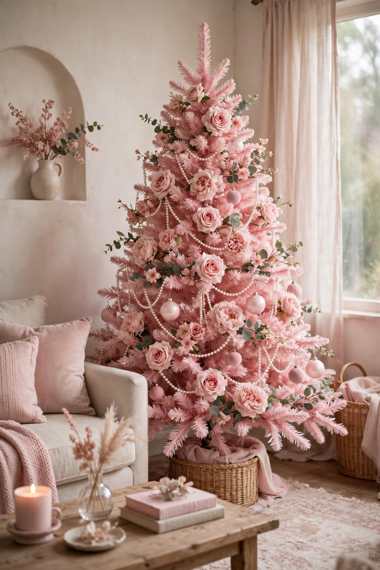 Blush pink Christmas tree decorated with faux pink roses, peonies and pearl strands