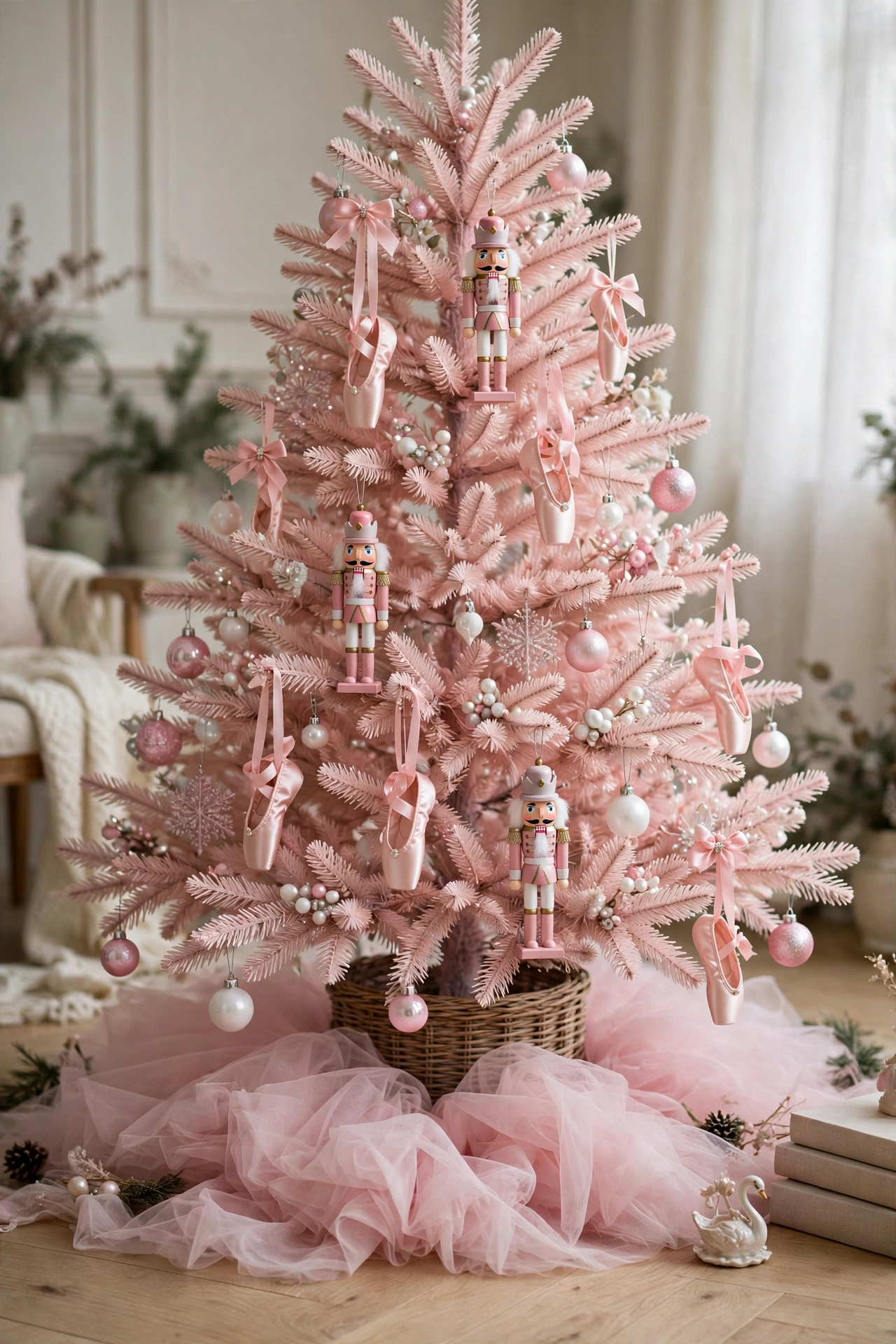 Pale pink Christmas tree with nutcracker and ballet ornaments and a tulle tree skirt