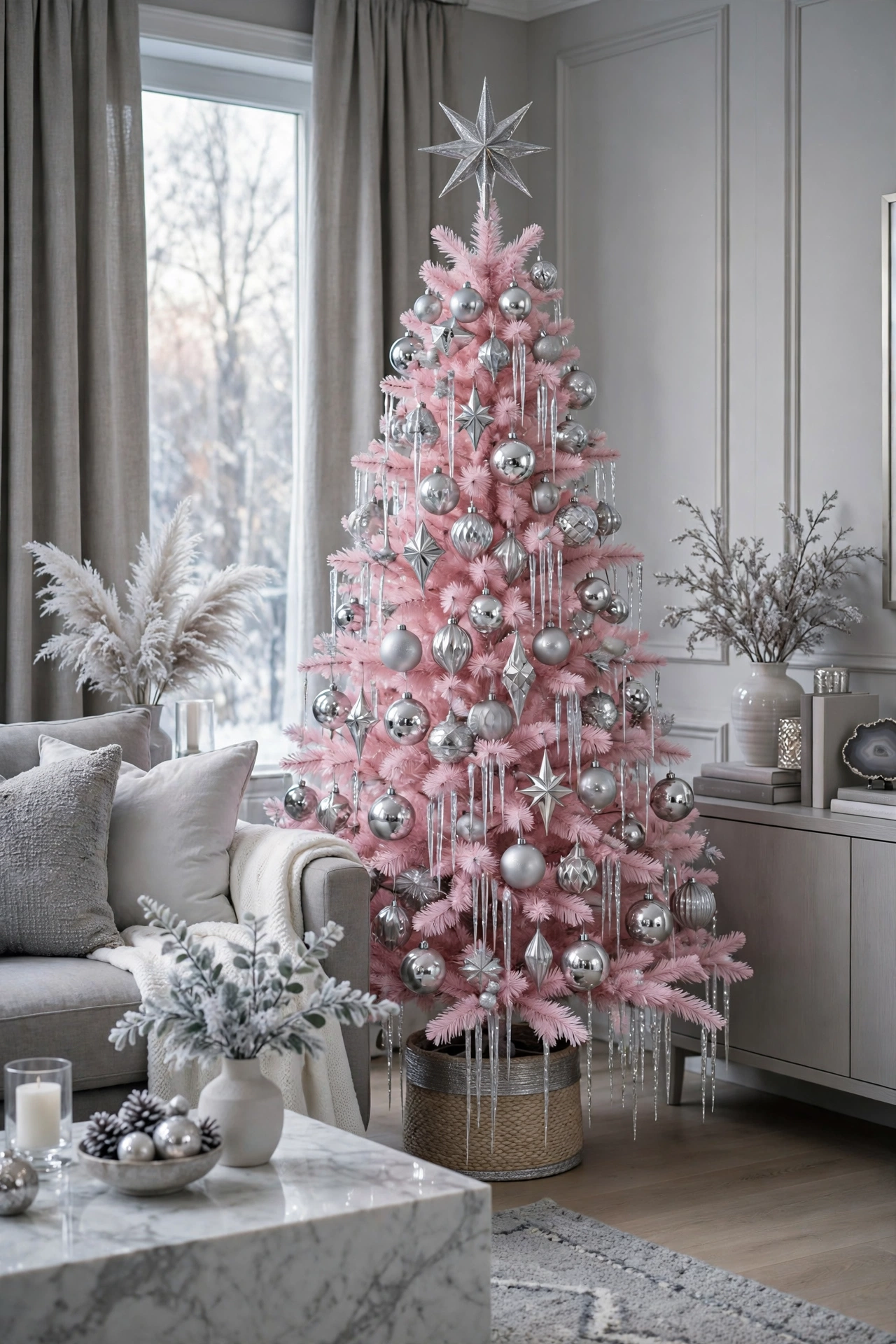Pink Christmas tree with silver and chrome ornaments and silver icicles