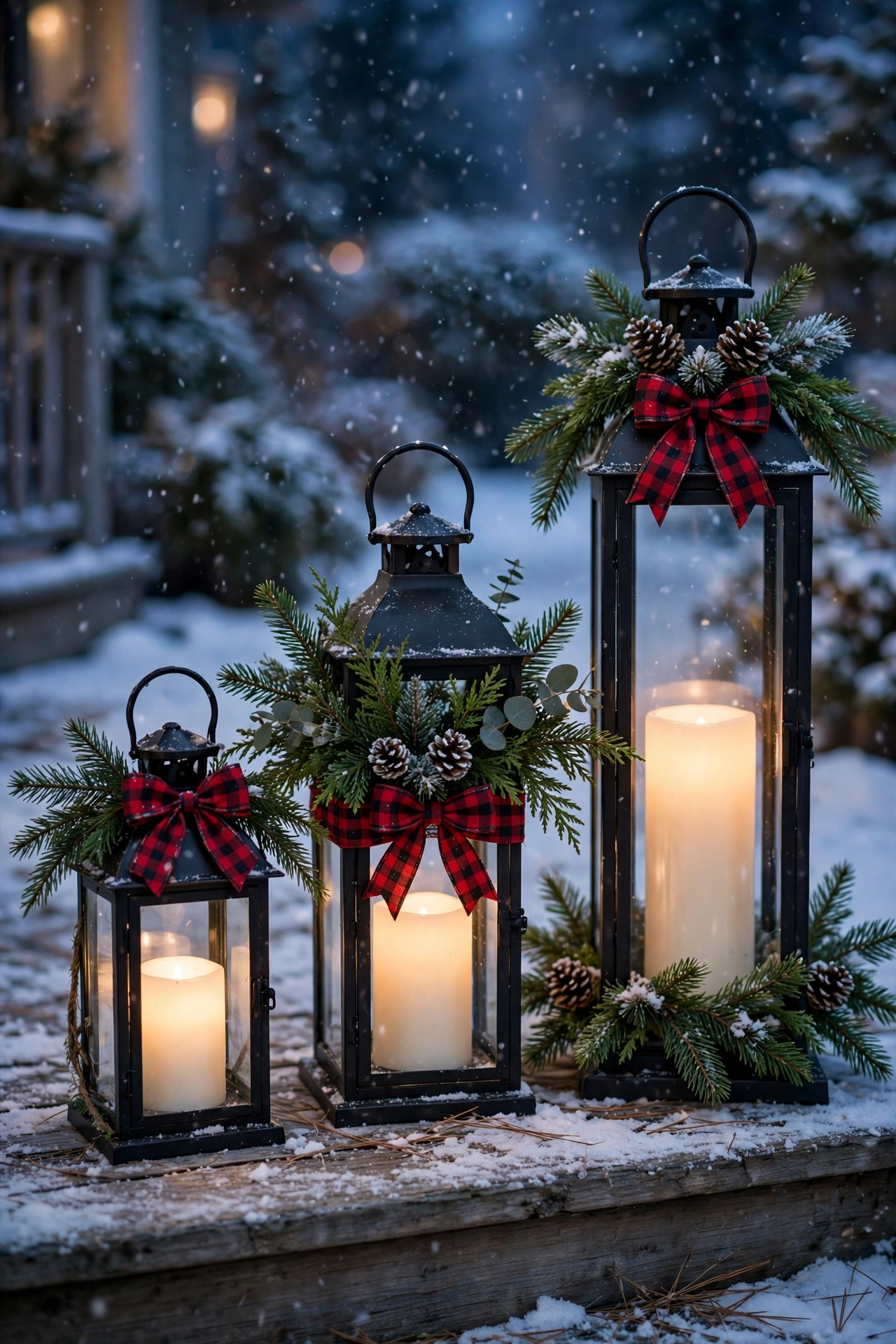 Three black metal lanterns of different heights with glowing LED candles on a front porch step, decorated with evergreen sprigs