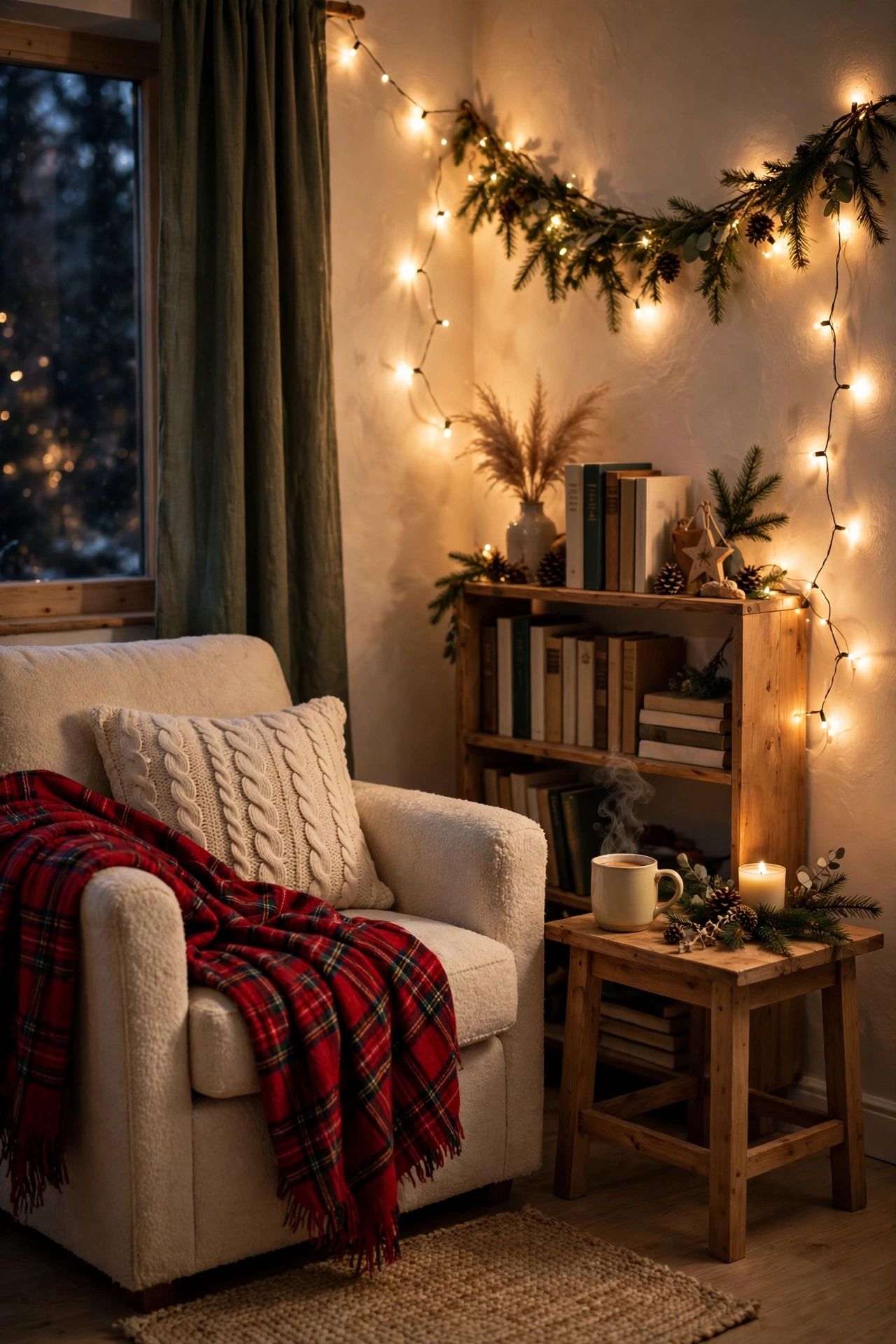 Cozy bedroom reading nook with an armchair, a red plaid blanket, a small bookshelf, and warm fairy lights along the wall