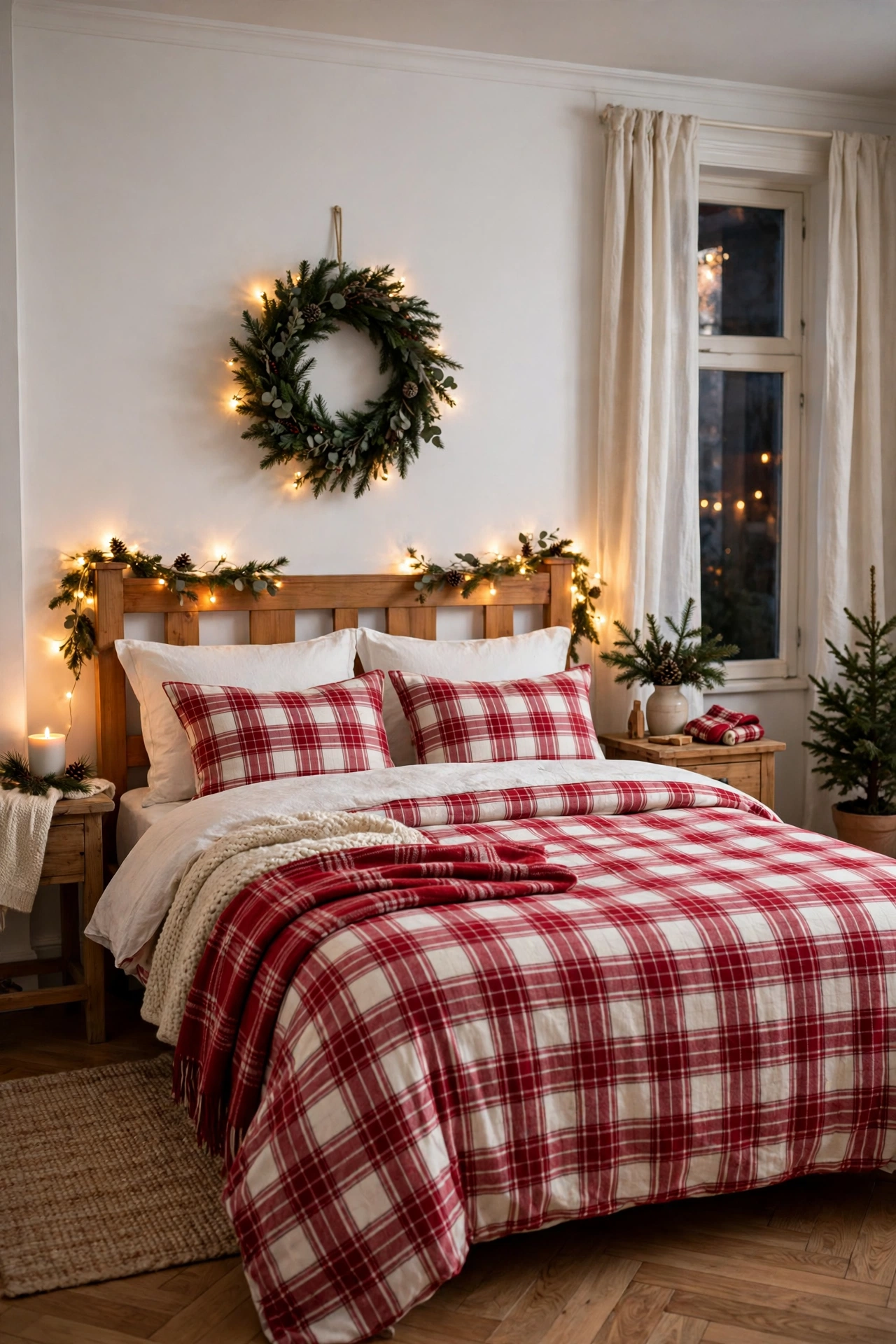 Classic red-and-white Christmas bedroom with red plaid bedding, white walls, a small wreath, and warm lights