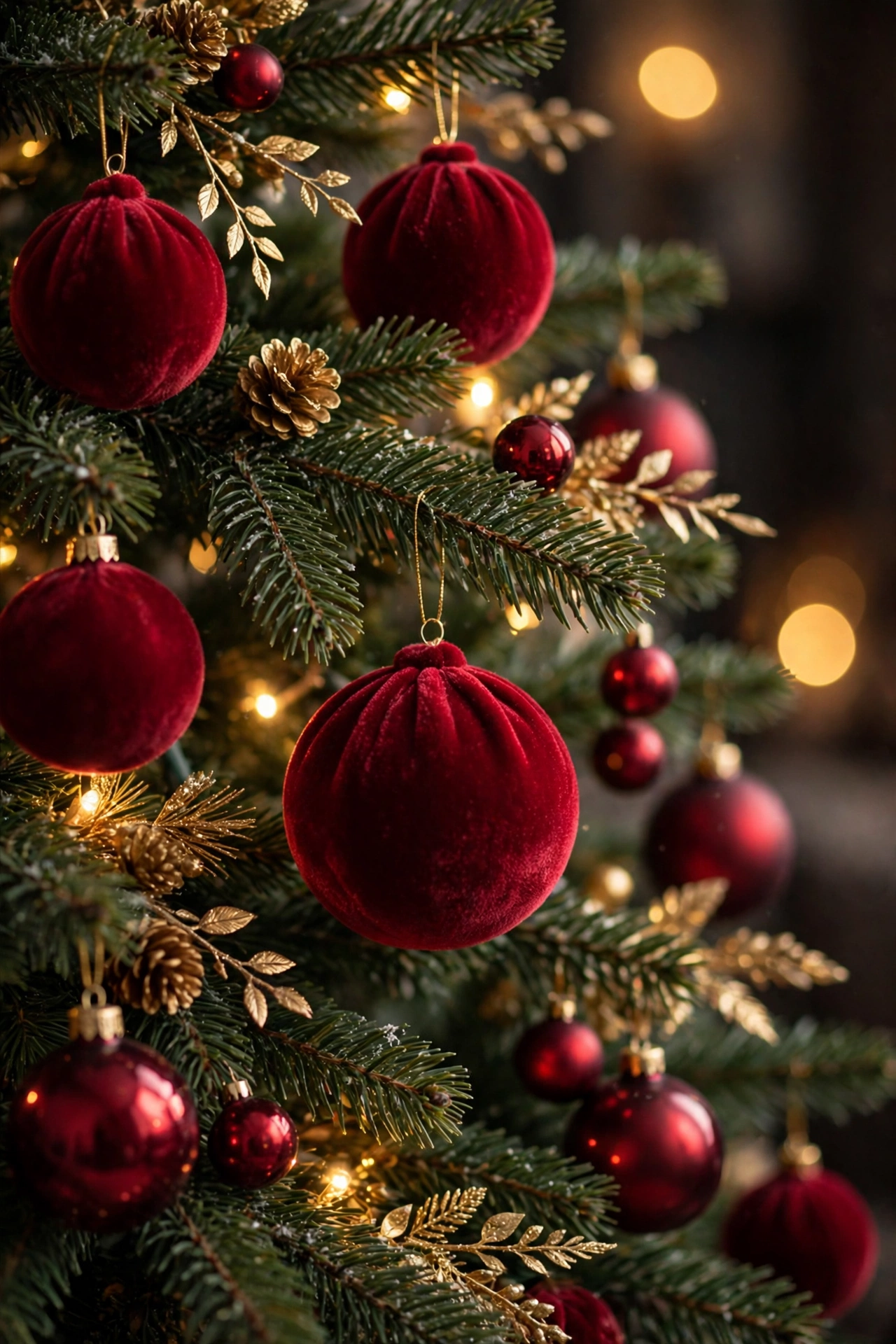 Christmas tree branch with ruby red velvet ornaments, deep red baubles and gold accents