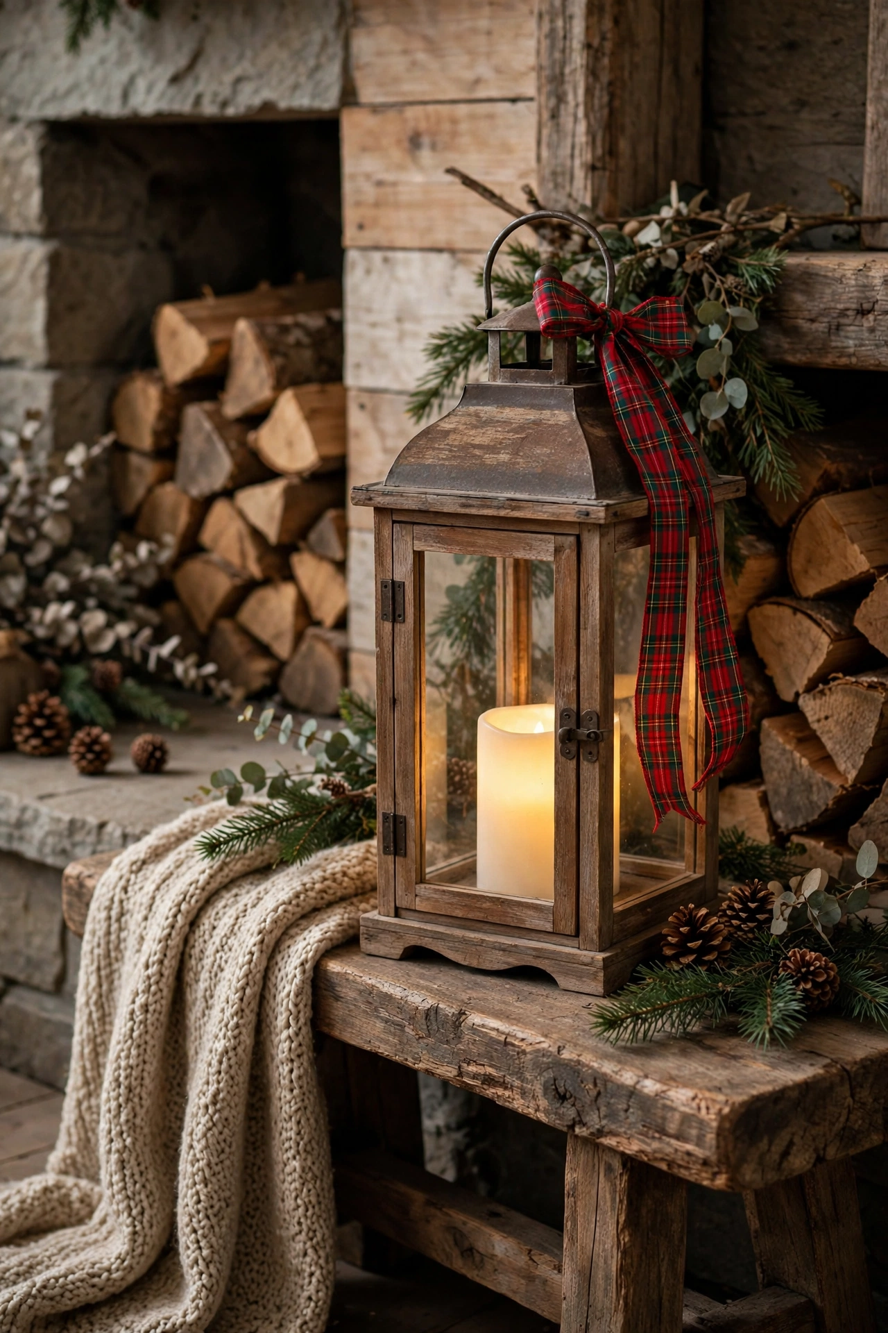 Rustic wooden lantern with a glowing LED candle tied with a red and green plaid ribbon, sitting by a fireplace