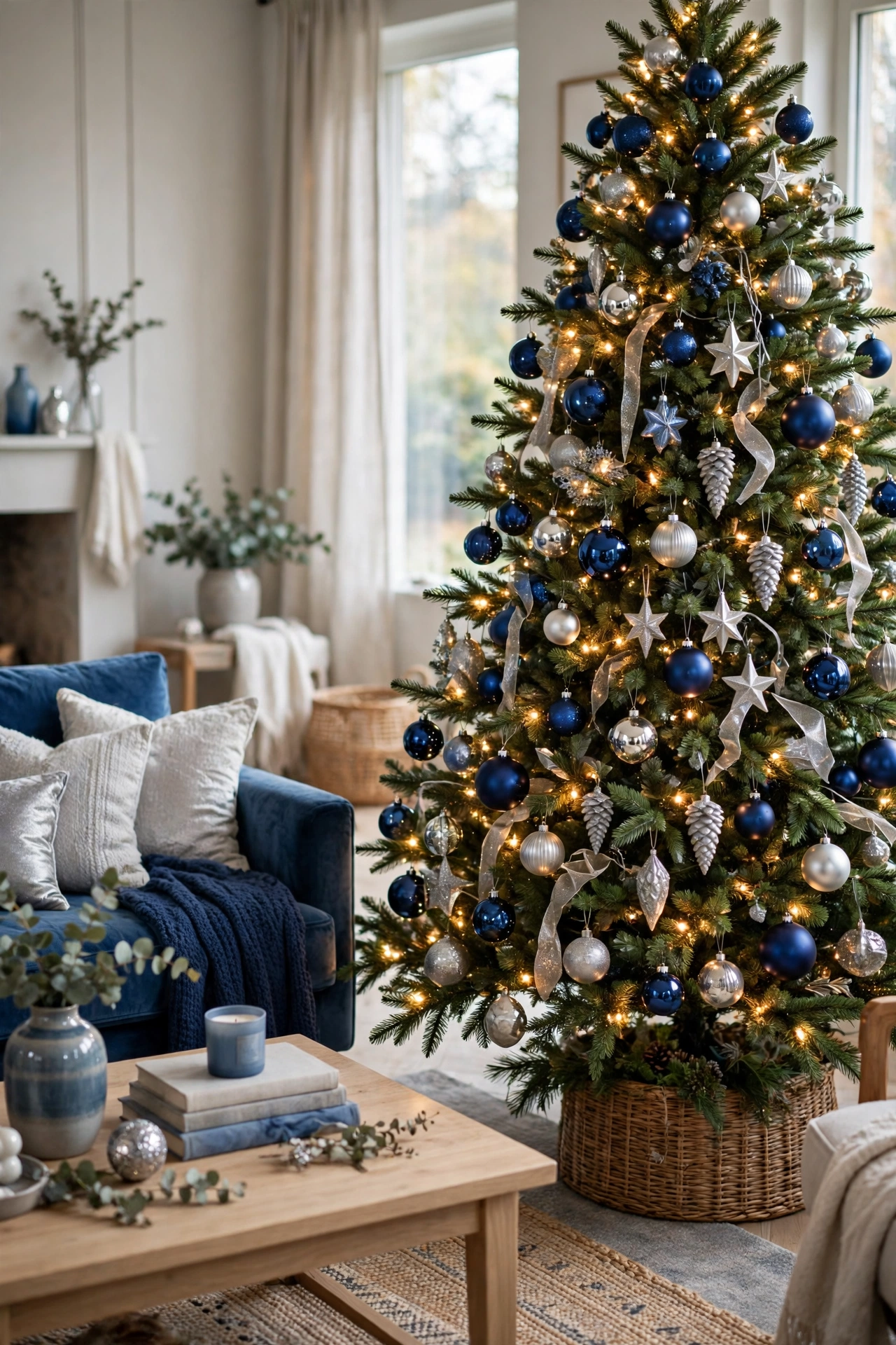 Christmas tree decorated with deep sapphire blue and silver ornaments and warm white lights