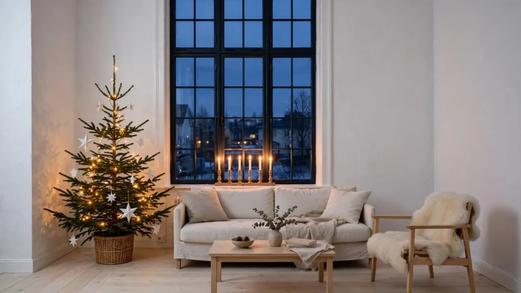 Serene Scandinavian living room at dusk with a sparse Christmas tree decorated with white paper stars, glowing window candlesticks and a sheepskin-draped armchair