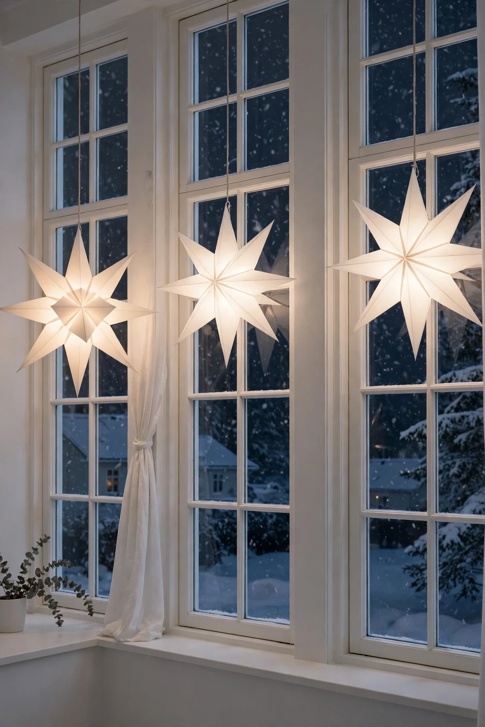 Tall Scandinavian windows at night with large glowing white paper star lanterns hanging, snow outside