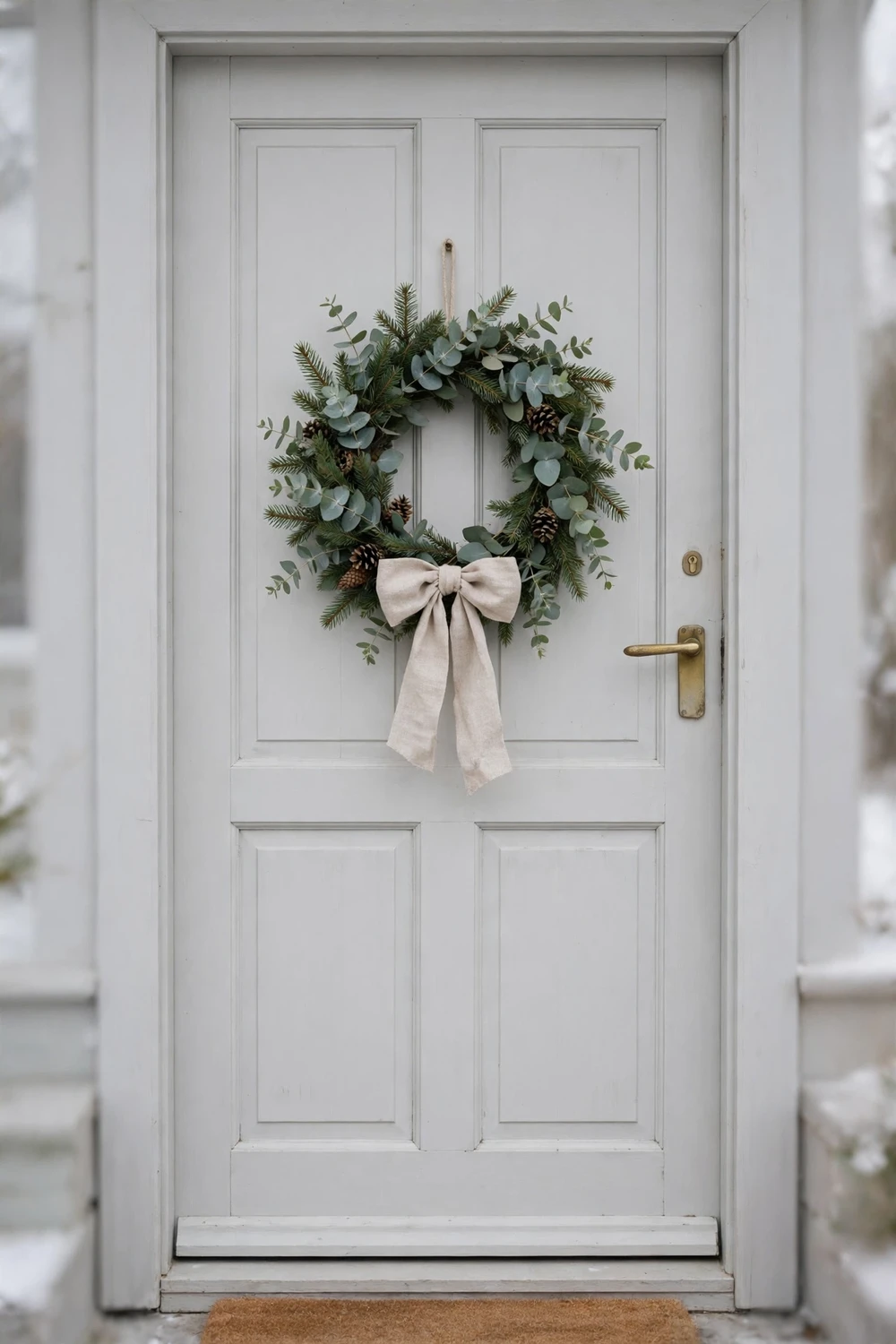 Eucalyptus and pine Christmas wreath with linen bow on a pale grey front door