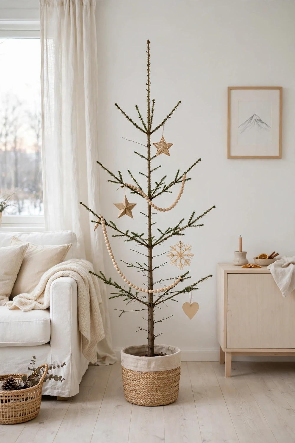 Sparse Scandinavian Christmas tree with straw and paper ornaments and wooden bead garland in a white living room
