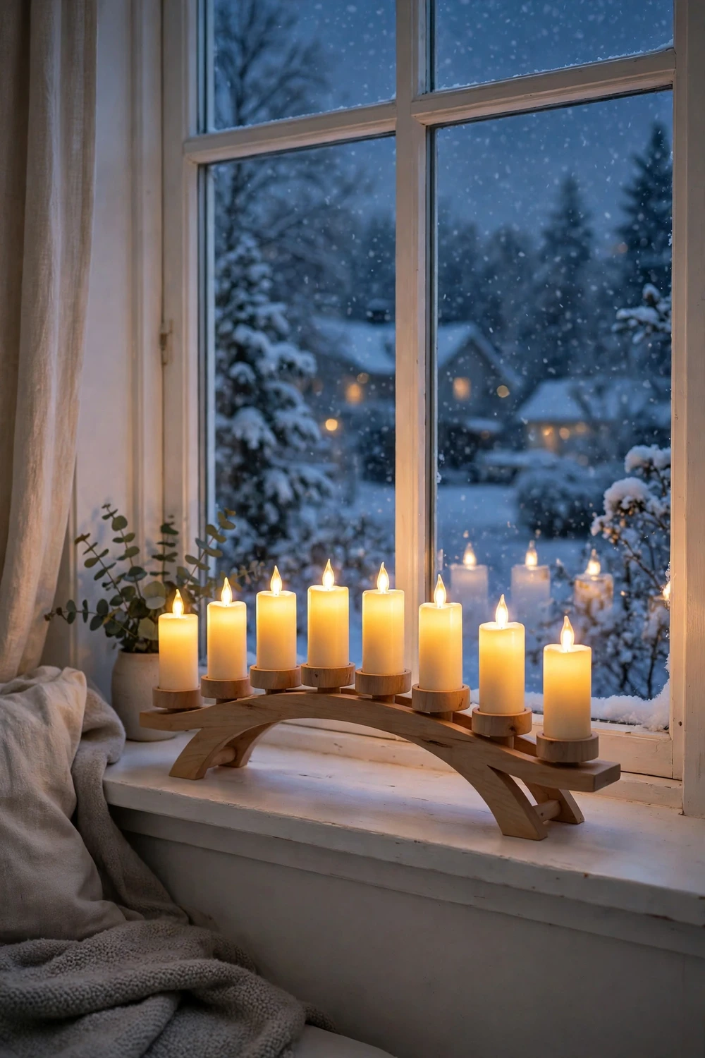 Traditional Scandinavian electric advent candle bridge with seven glowing candles on a white windowsill