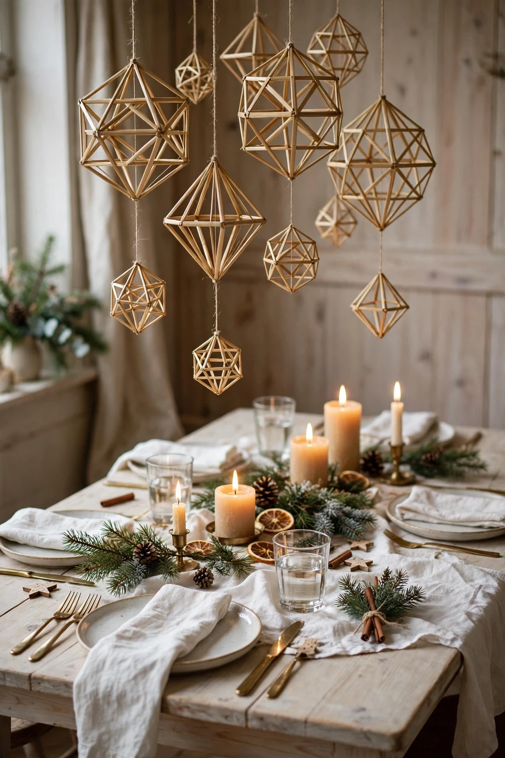 Handmade geometric himmeli straw mobiles hanging above a pale wooden Christmas dining table