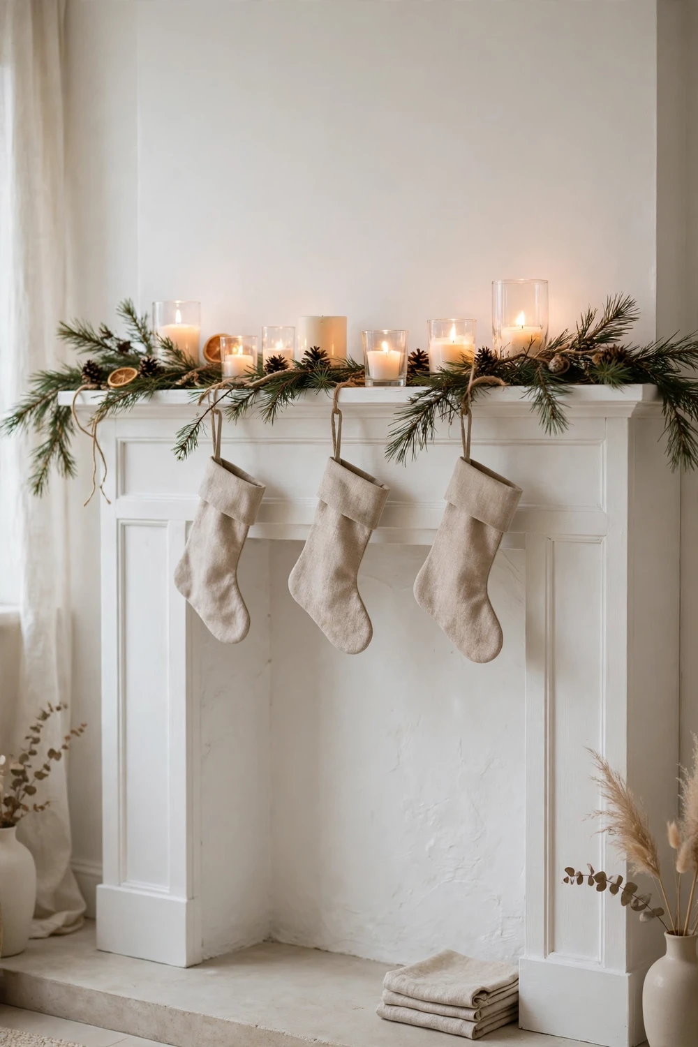 White-painted fireplace mantel with fresh pine garland, linen stockings and glowing candles