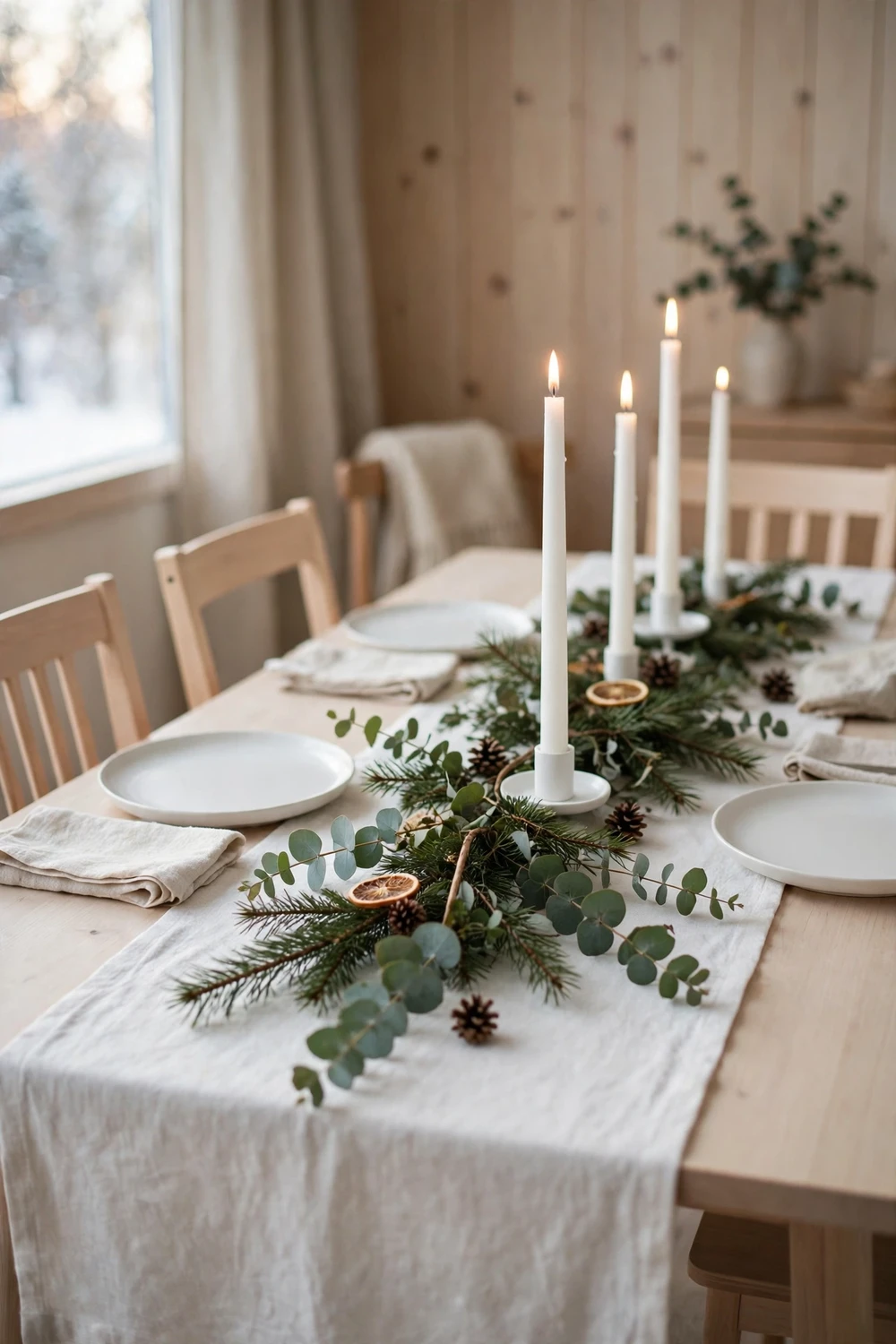 Scandinavian Christmas dining table with white linen runner, tall taper candles and pine sprigs