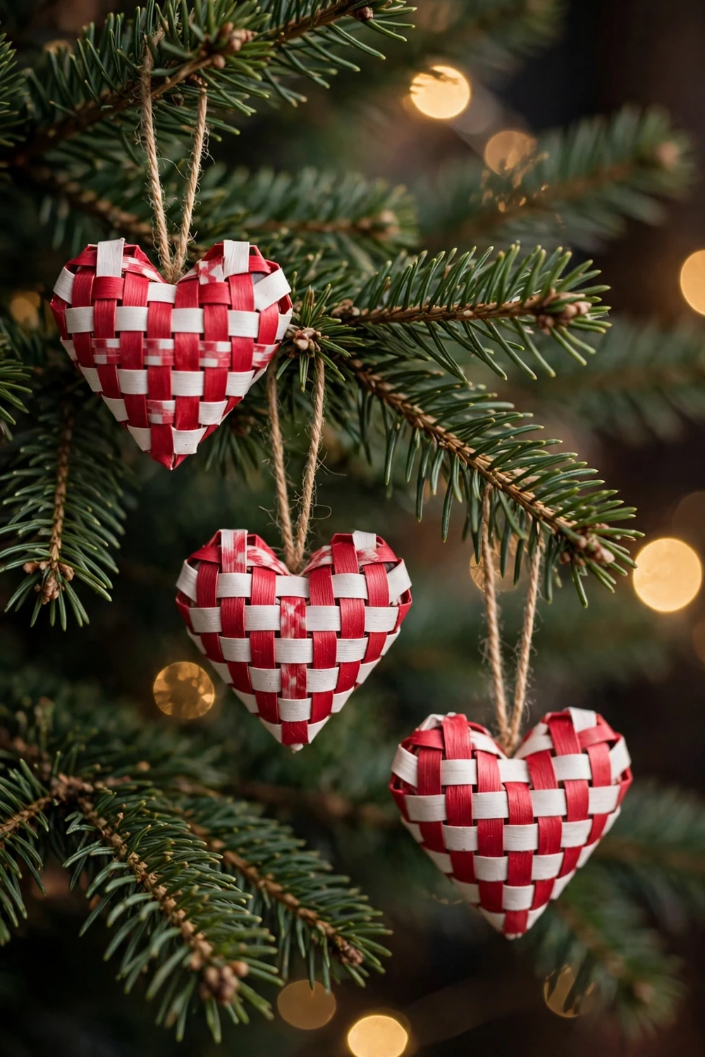 Close-up of red-and-white woven paper heart baskets hanging on a Christmas tree branch