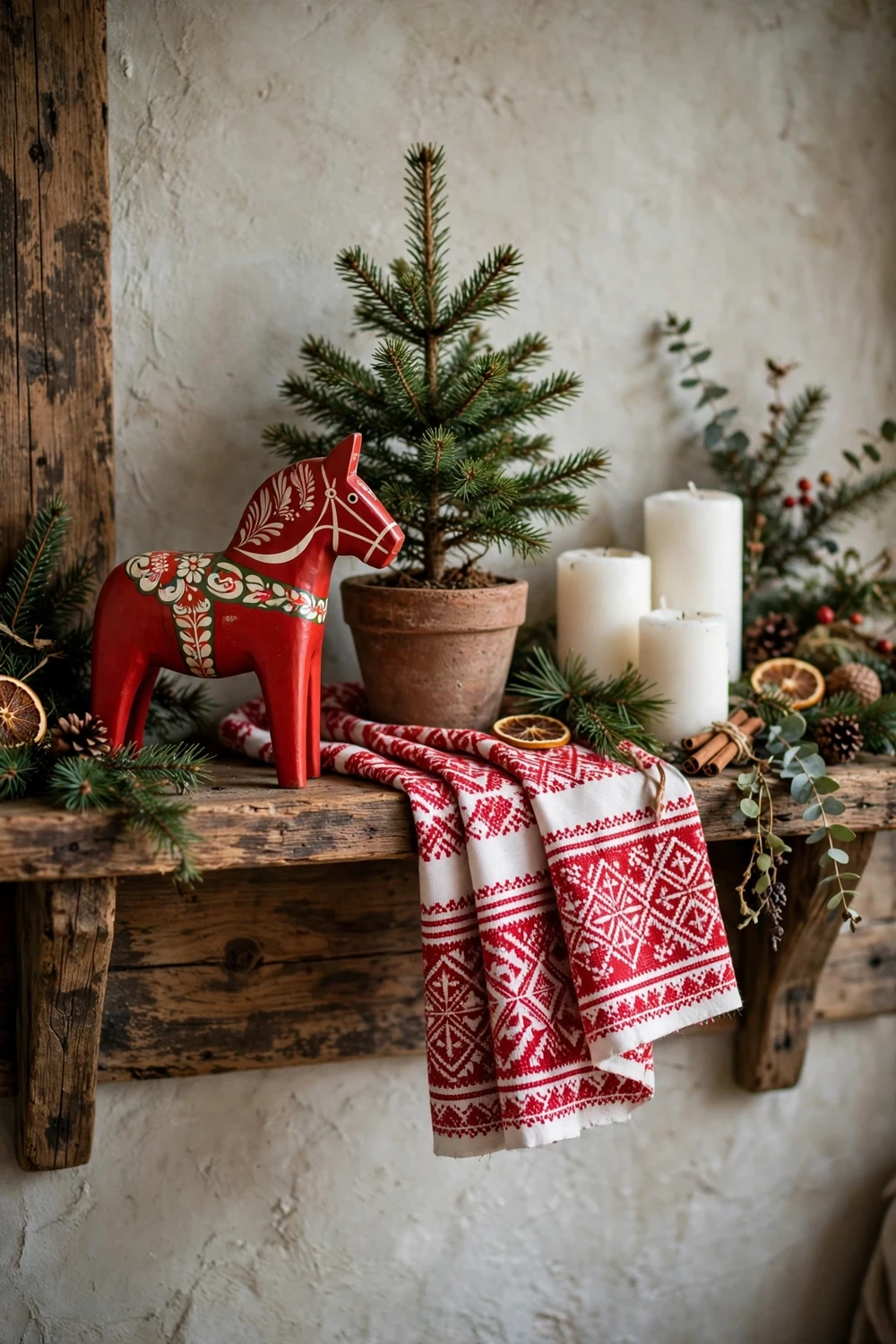 Rustic wooden shelf with red Dala horse, small pine tree and white candles for Christmas