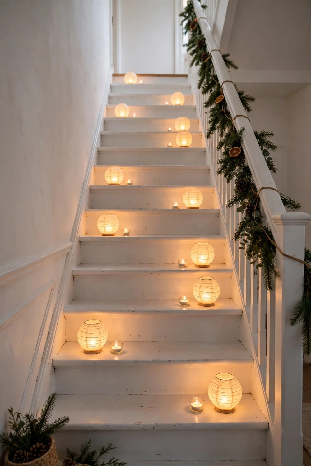 White wooden staircase with glowing paper lanterns and tea lights on each step
