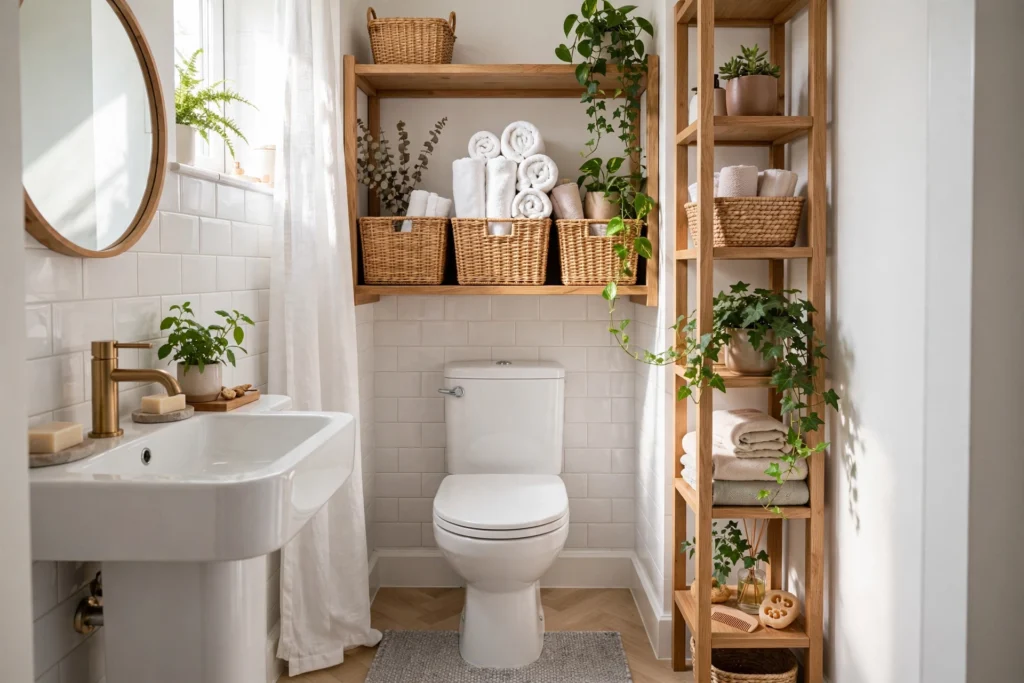 Bright tiny bathroom with over-toilet wooden shelves styled with woven baskets and green plants
