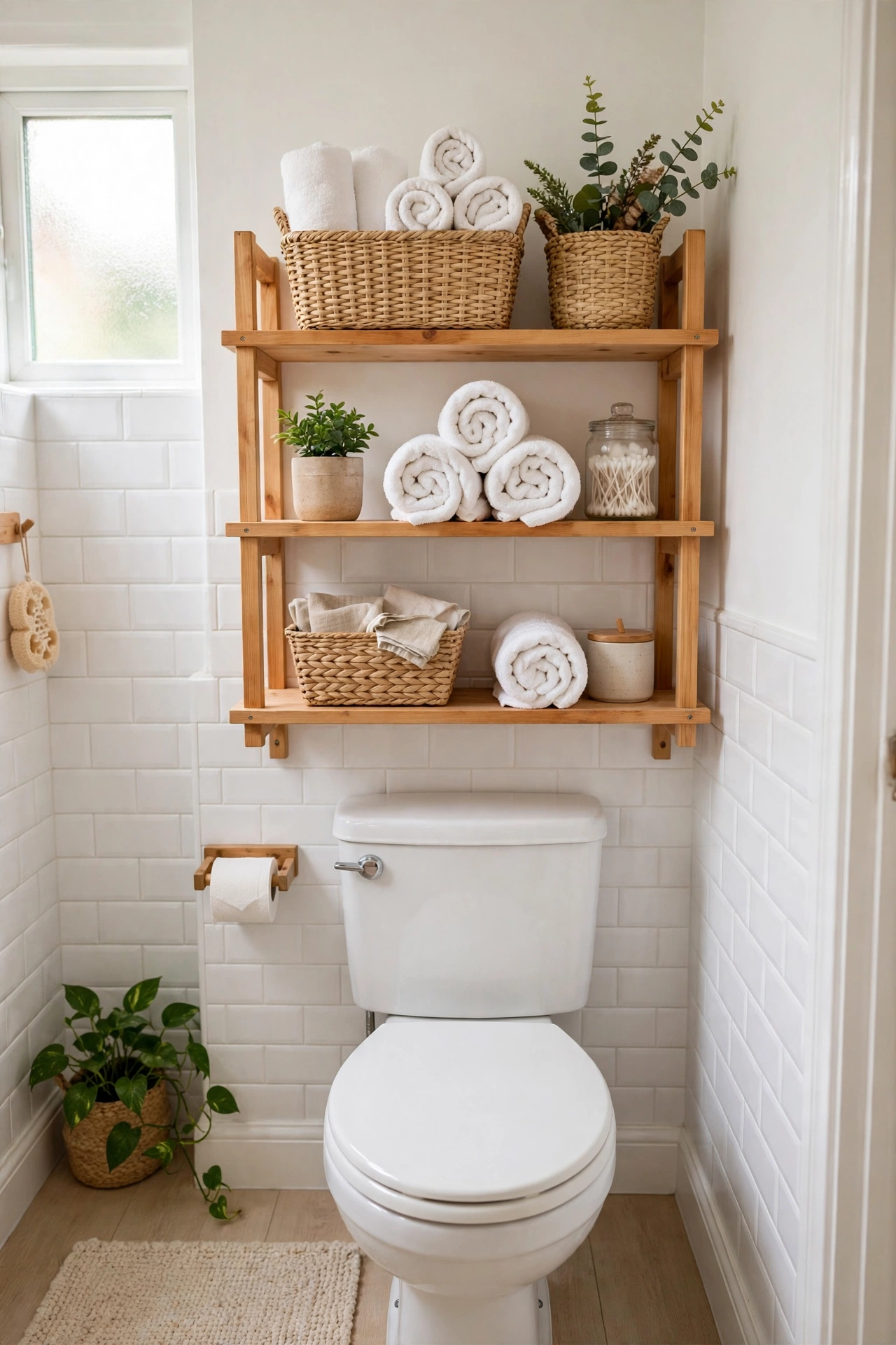 Over-toilet wooden shelf unit with woven baskets and rolled white towels in a small bright bathroom
