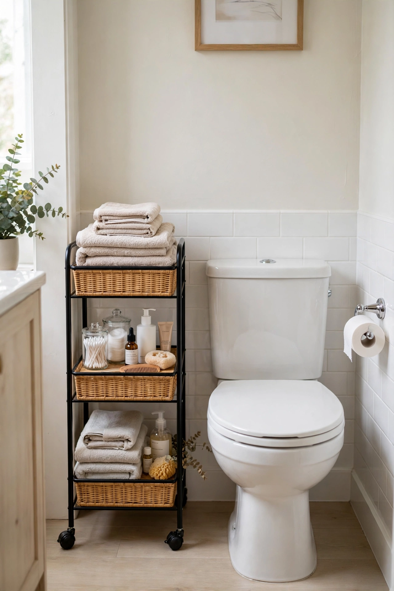 Narrow rolling cart beside a toilet stocked with toiletries and folded towels in a small bathroom