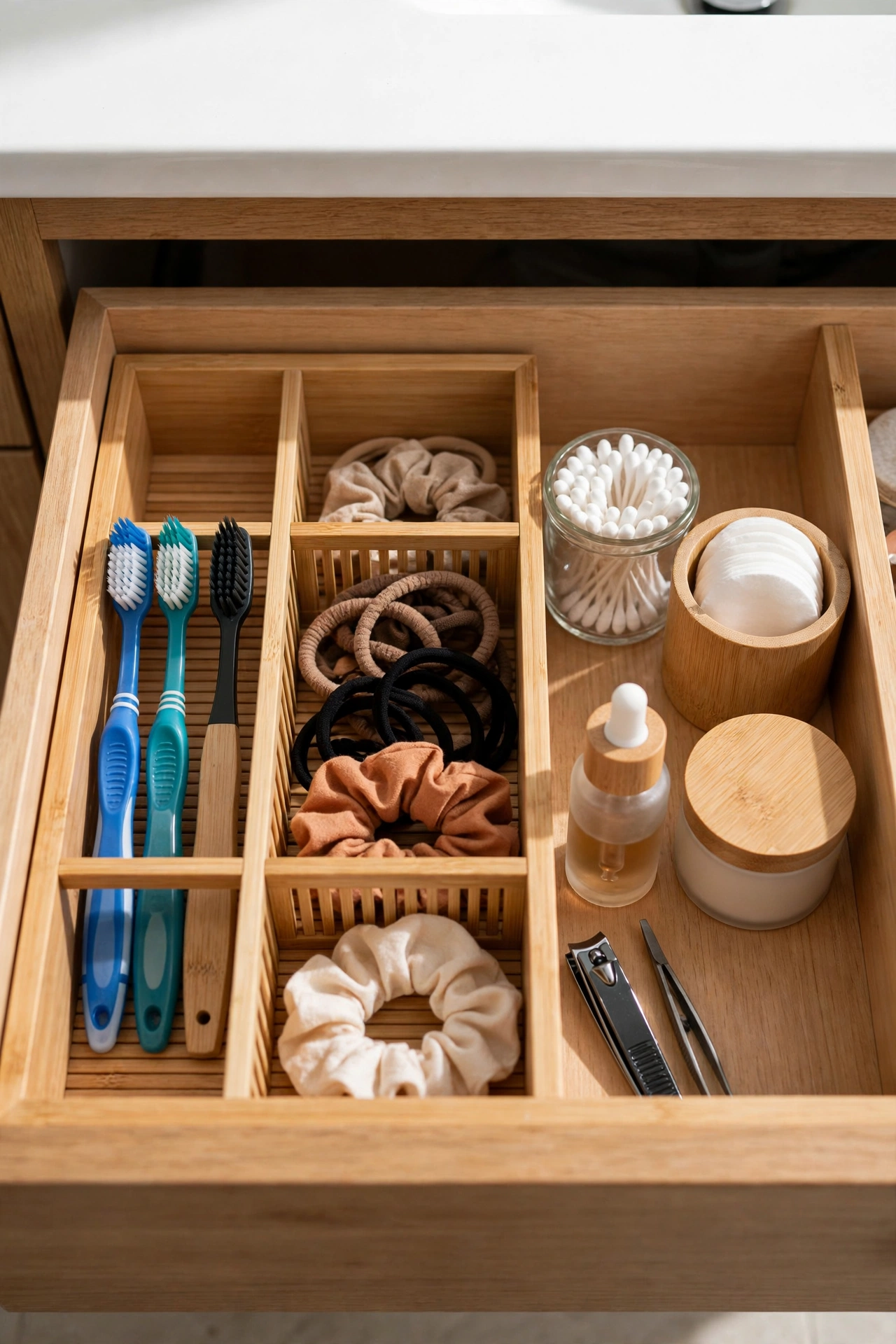 Open bathroom vanity drawer with bamboo dividers creating neat zones for toiletries