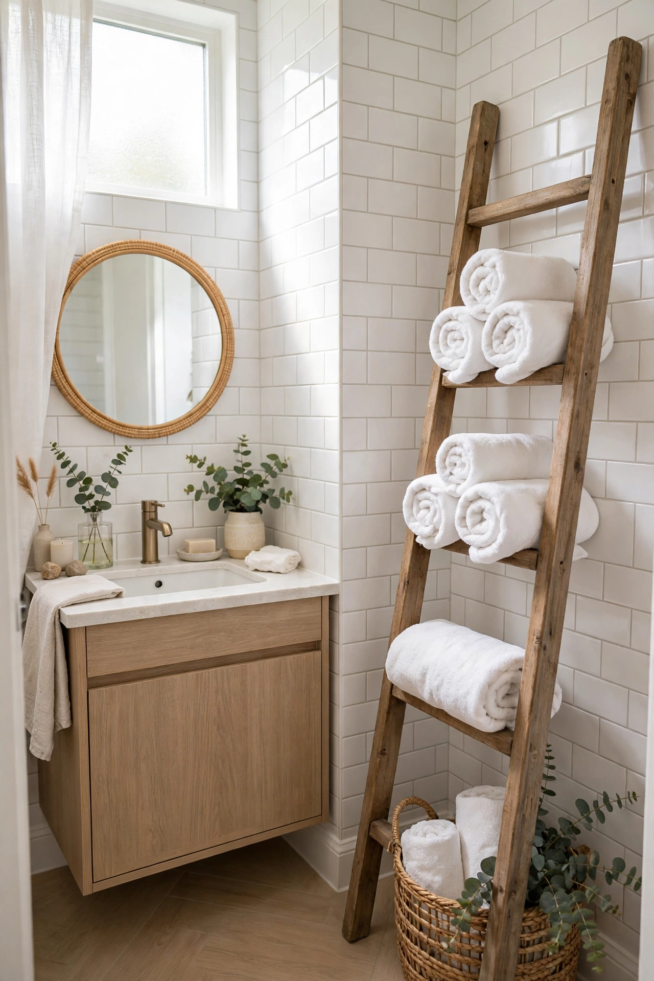 Leaning wooden ladder holding rolled white towels in a small bathroom, spa-like styling