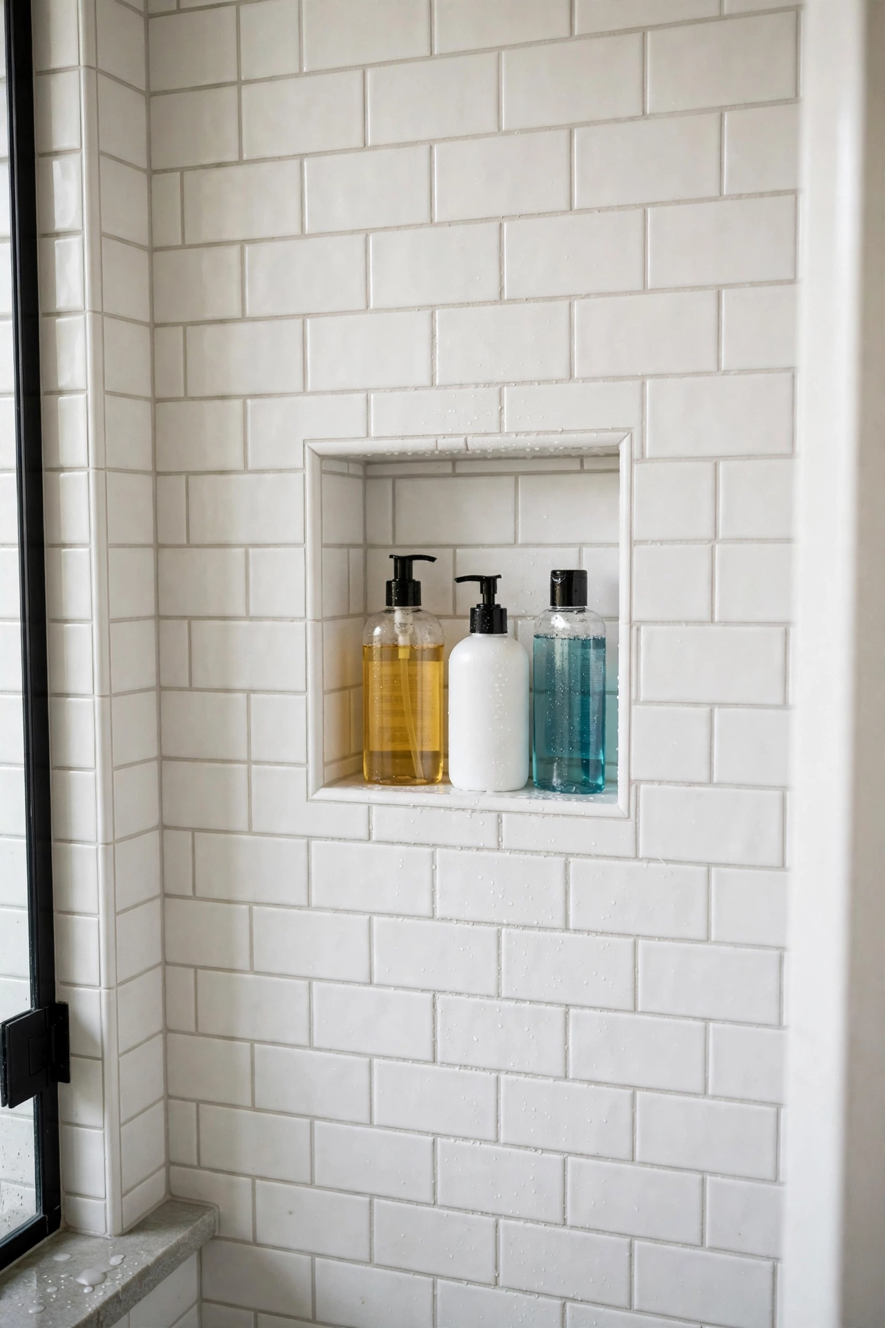 Recessed shower niche carved into a tiled shower wall holding shampoo and soap bottles