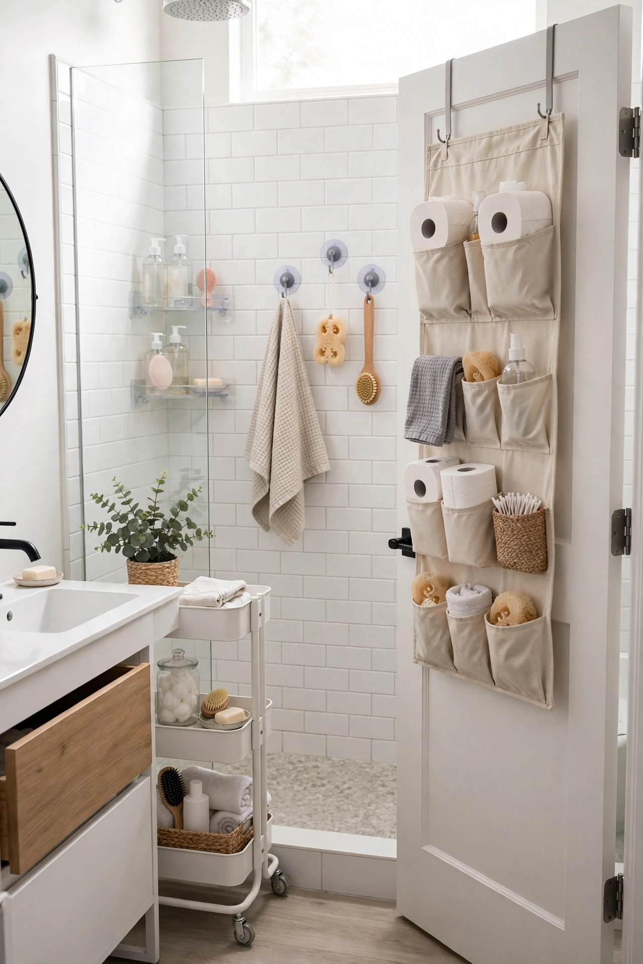 Renter-friendly bathroom with suction hooks, adhesive shelves, and over-door organizer, no drilling
