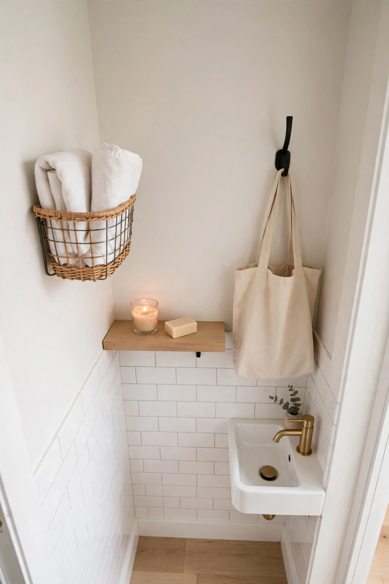 Tiny powder room with wall-mounted basket, single floating shelf with candle, and hook with bag