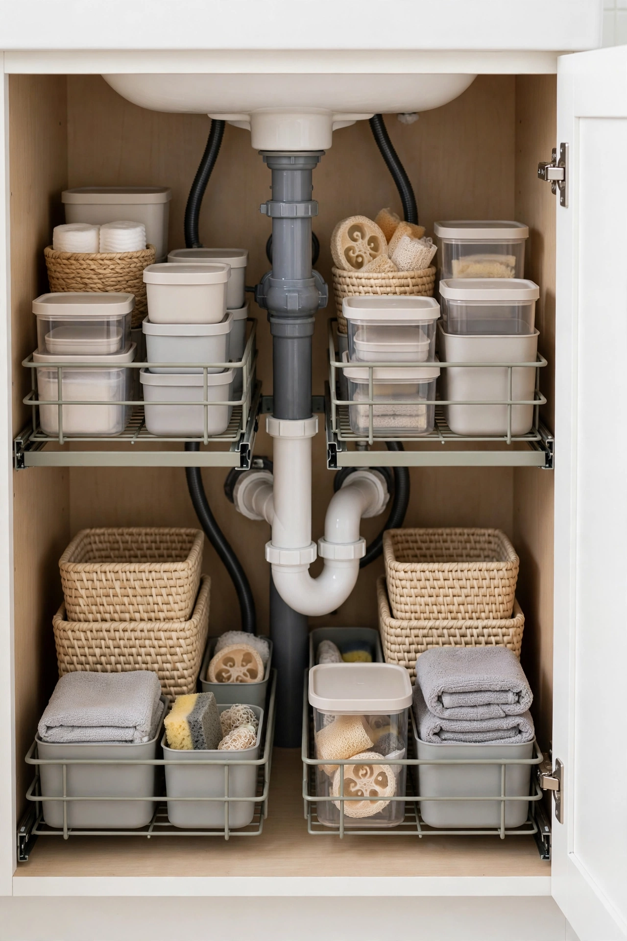 Inside of a small bathroom vanity cabinet with two-tier sliding organizers and labeled bins around the pipes