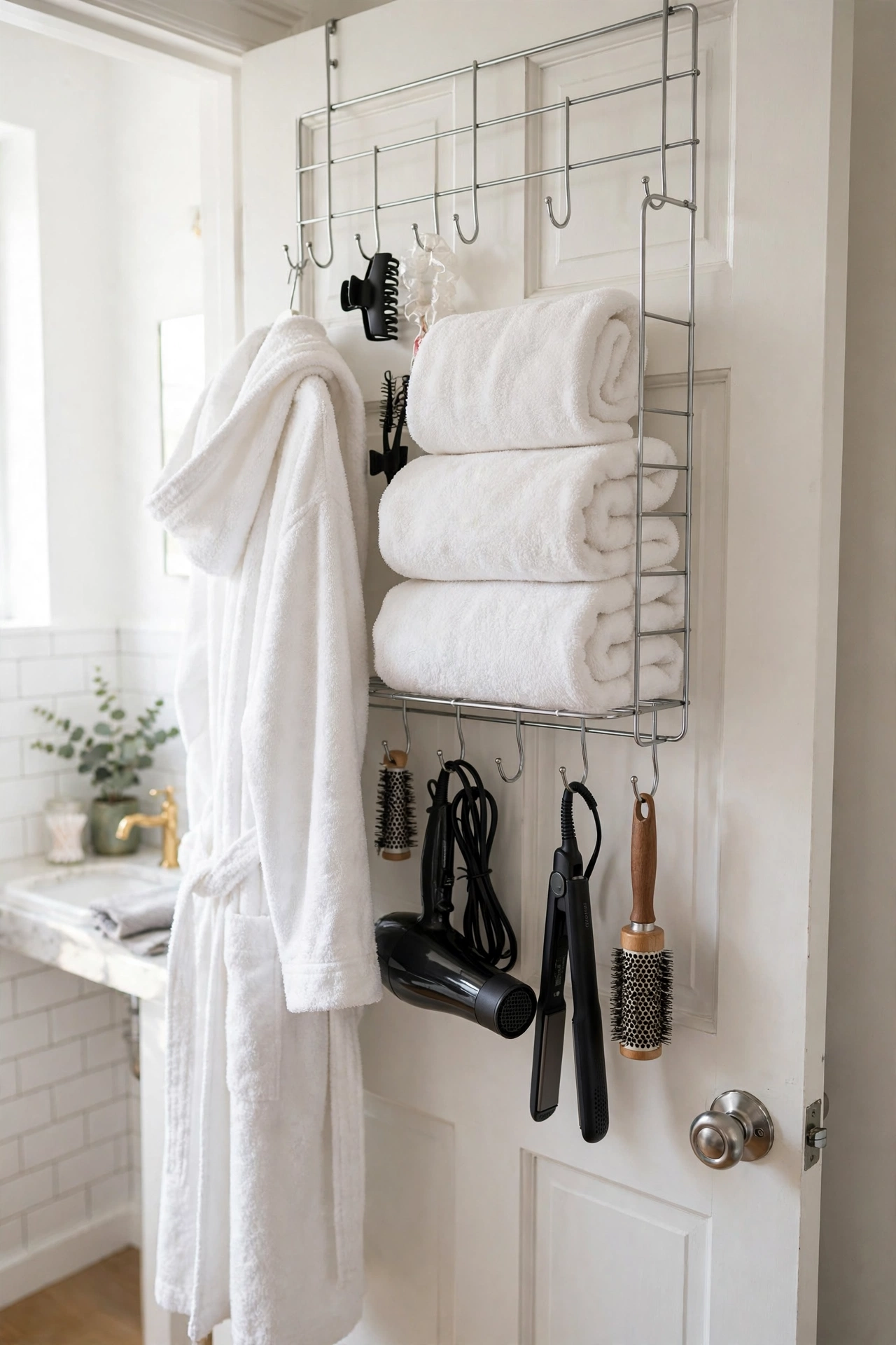 Back of a bathroom door with an over-the-door wire rack holding towels, a robe, and hair tools