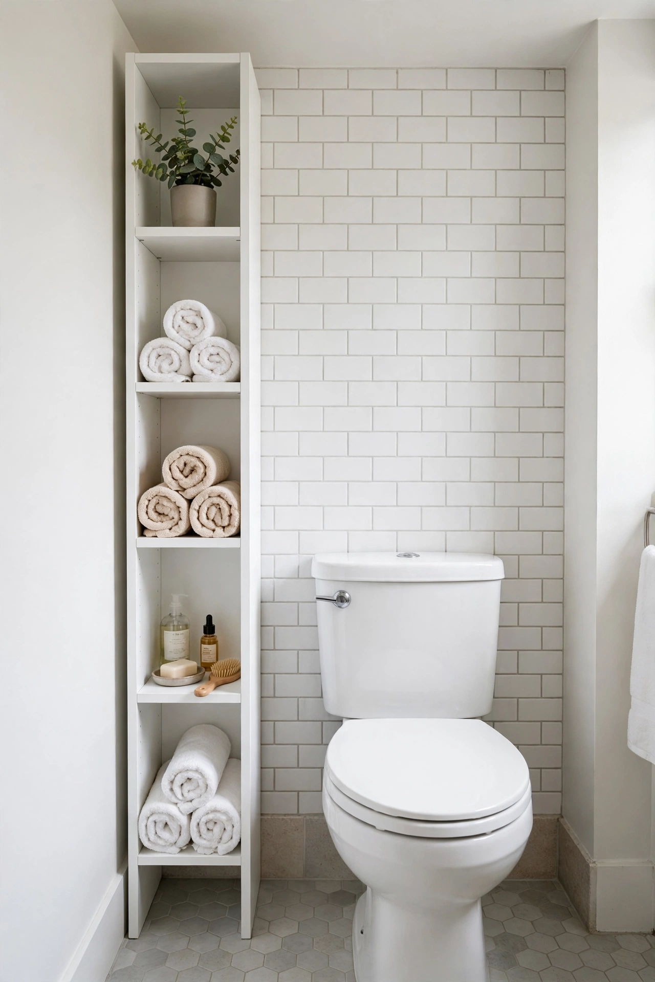 Narrow white vertical tower shelf beside a toilet holding rolled towels and toiletries in a tiny bathroom