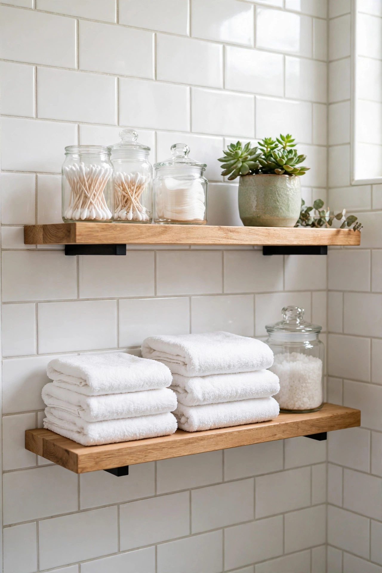 Two wooden floating shelves in a small bathroom styled with glass jars, folded towels, and a green plant